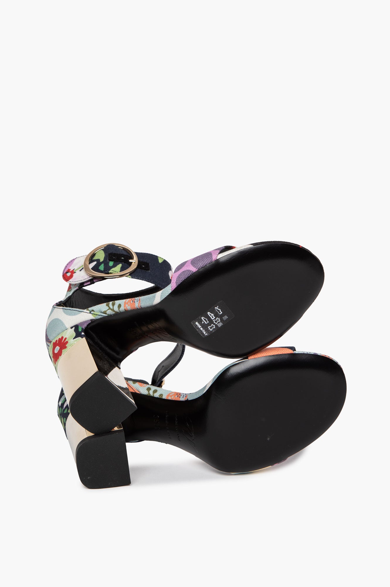 Roger Vivier Floral Canvas Gold Block Heel Podium Sandals Size 36