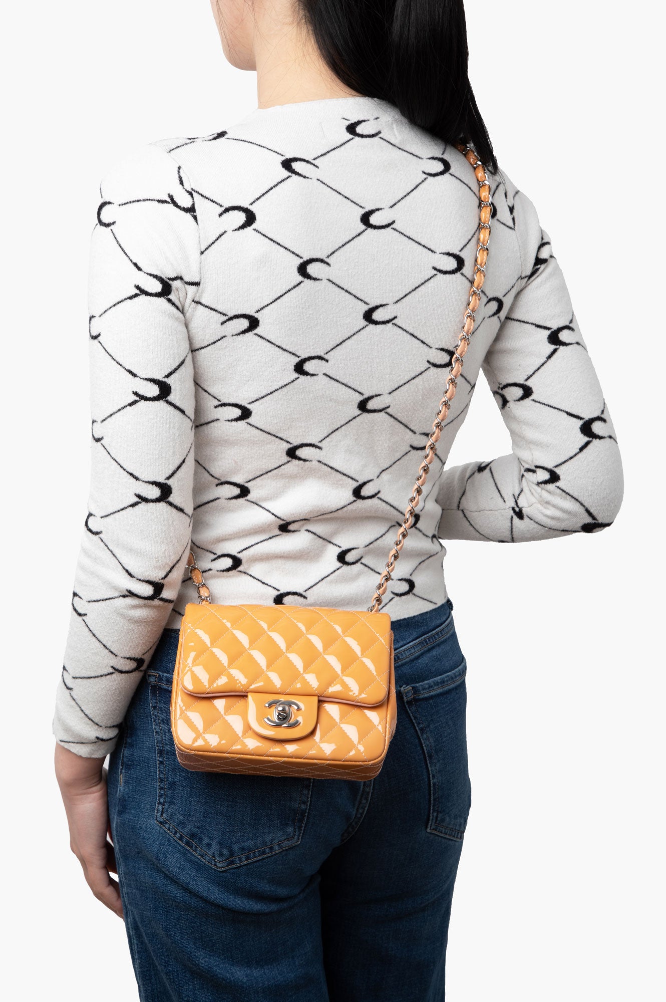 Chanel Orange Quilted Patent Leather Classic Square Mini Flap Bag