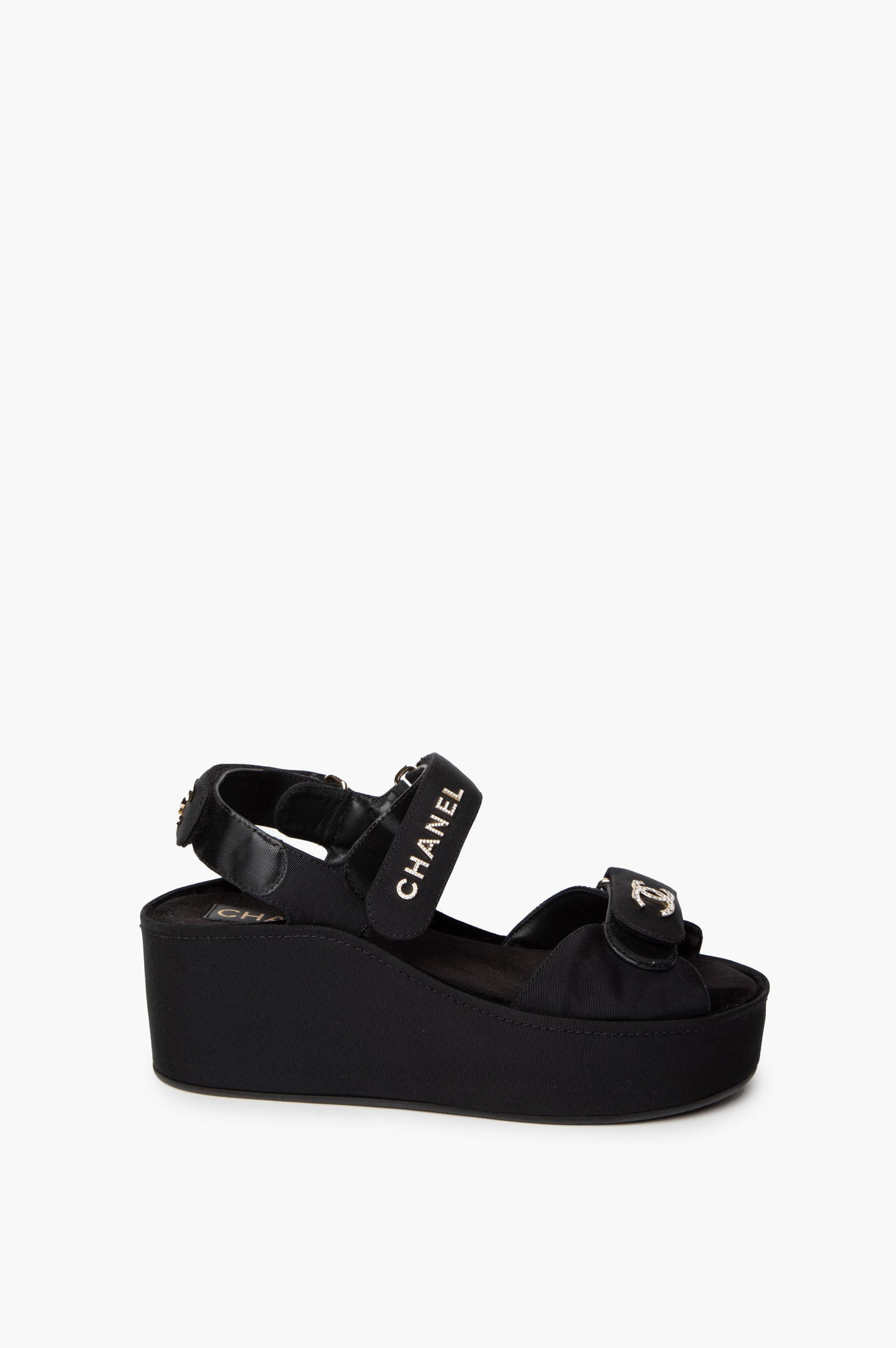 Chanel 2022 Black Grosgrain Crystal Logo Platform Sandals Size 38C