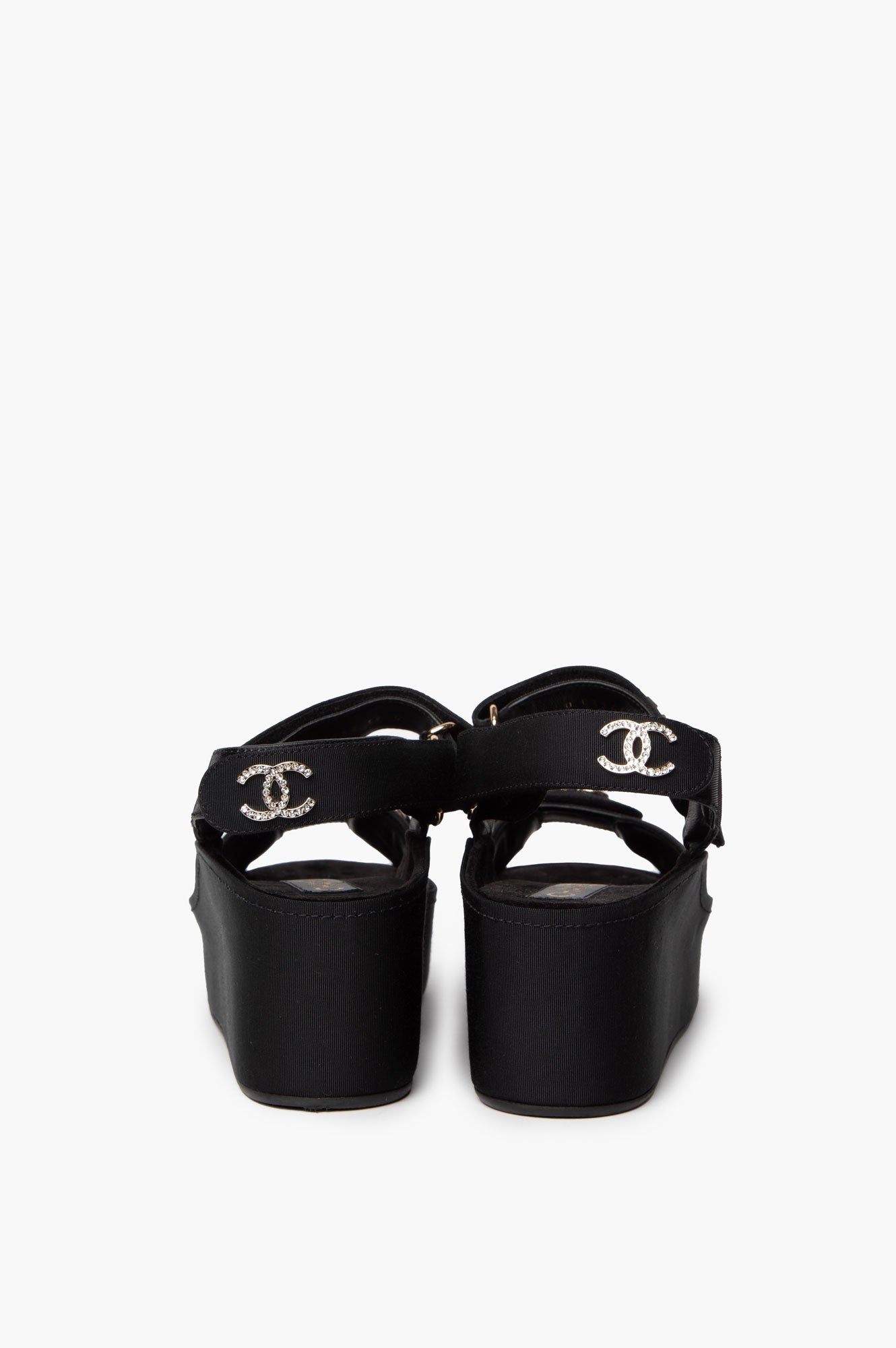 Chanel 2022 Black Grosgrain Crystal Logo Platform Sandals Size 38C