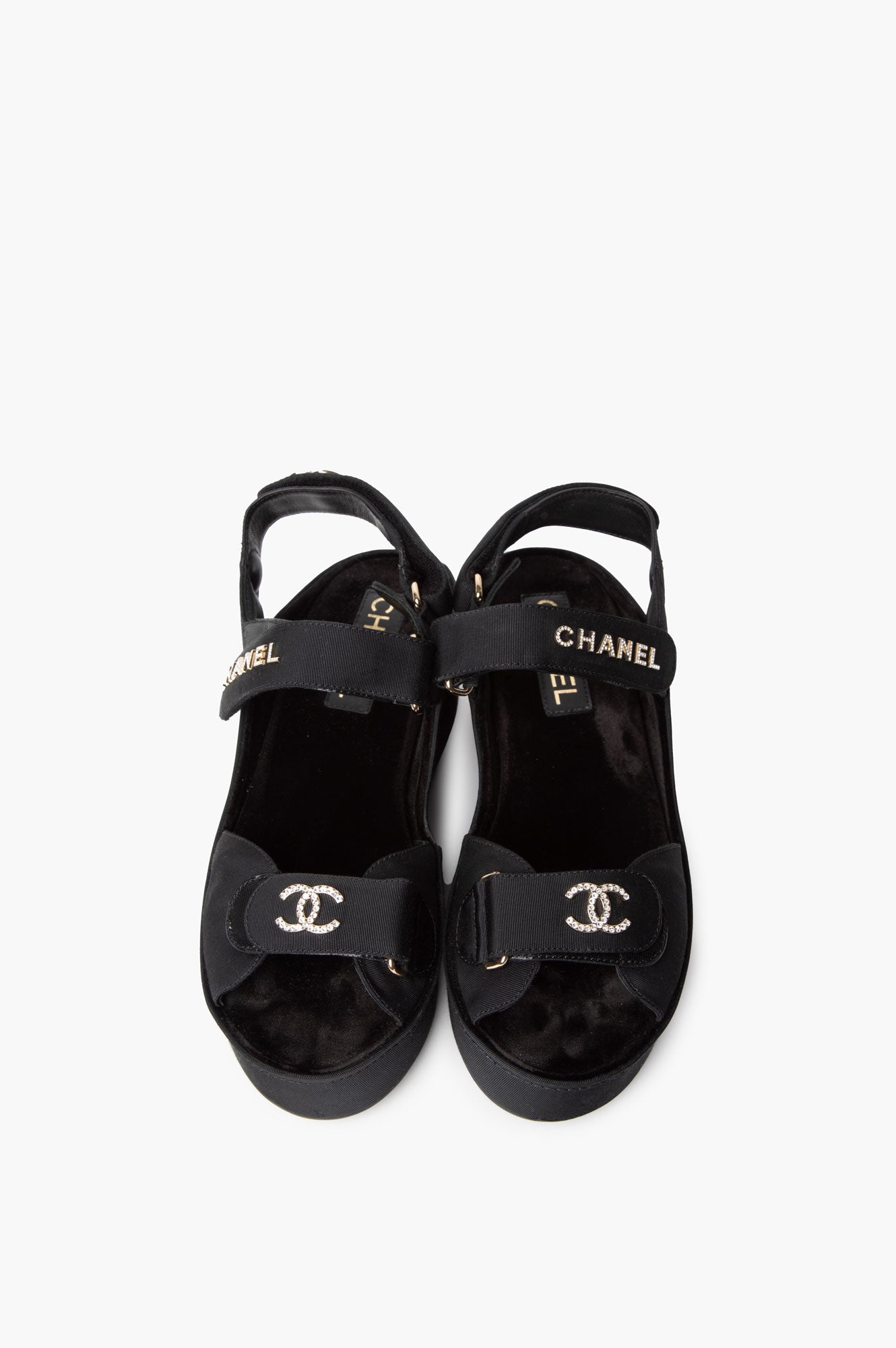 Chanel 2022 Black Grosgrain Crystal Logo Platform Sandals Size 38C