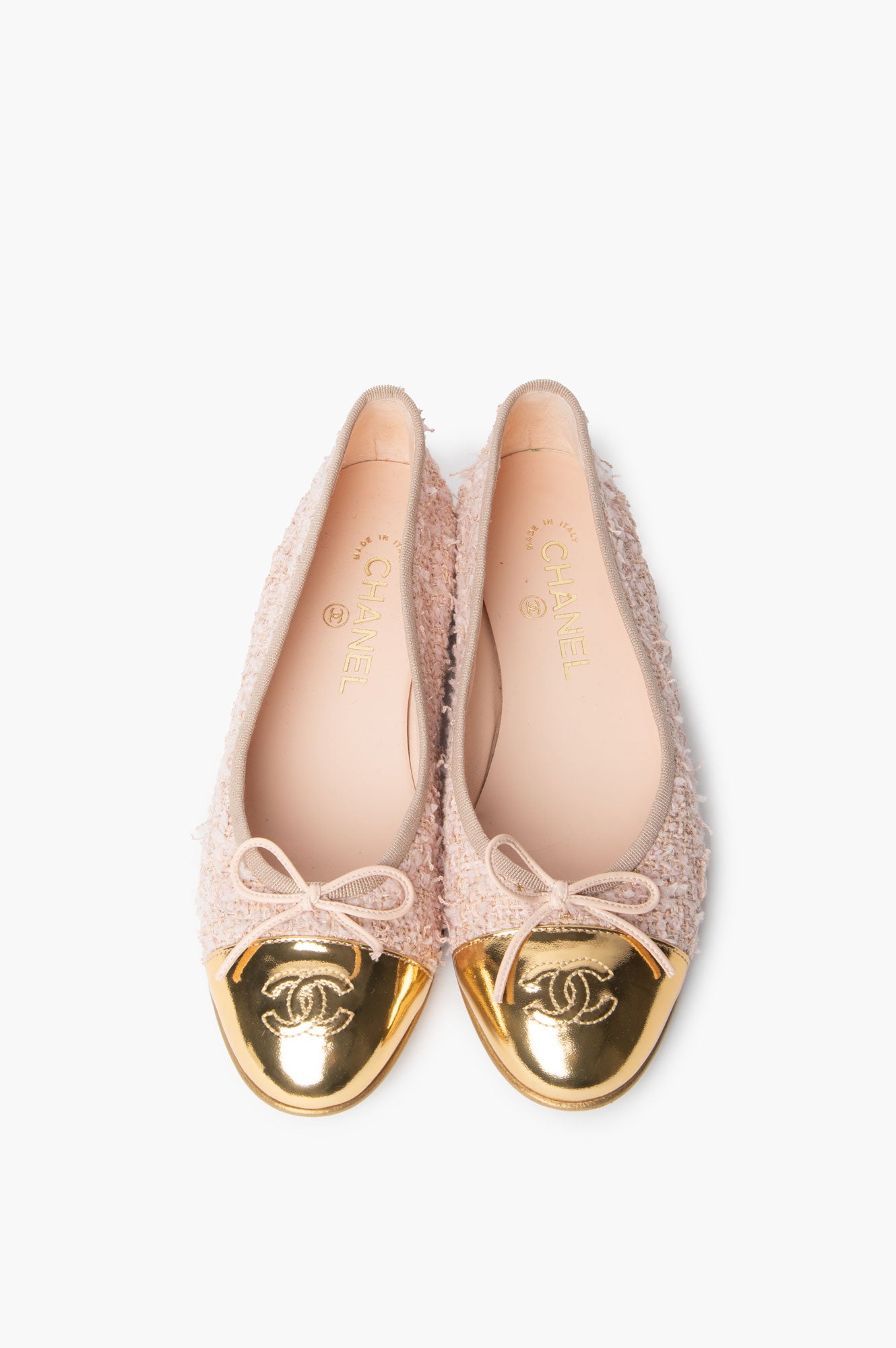 Chanel 2022 Gold Tweed Ballet Flats Size 38C