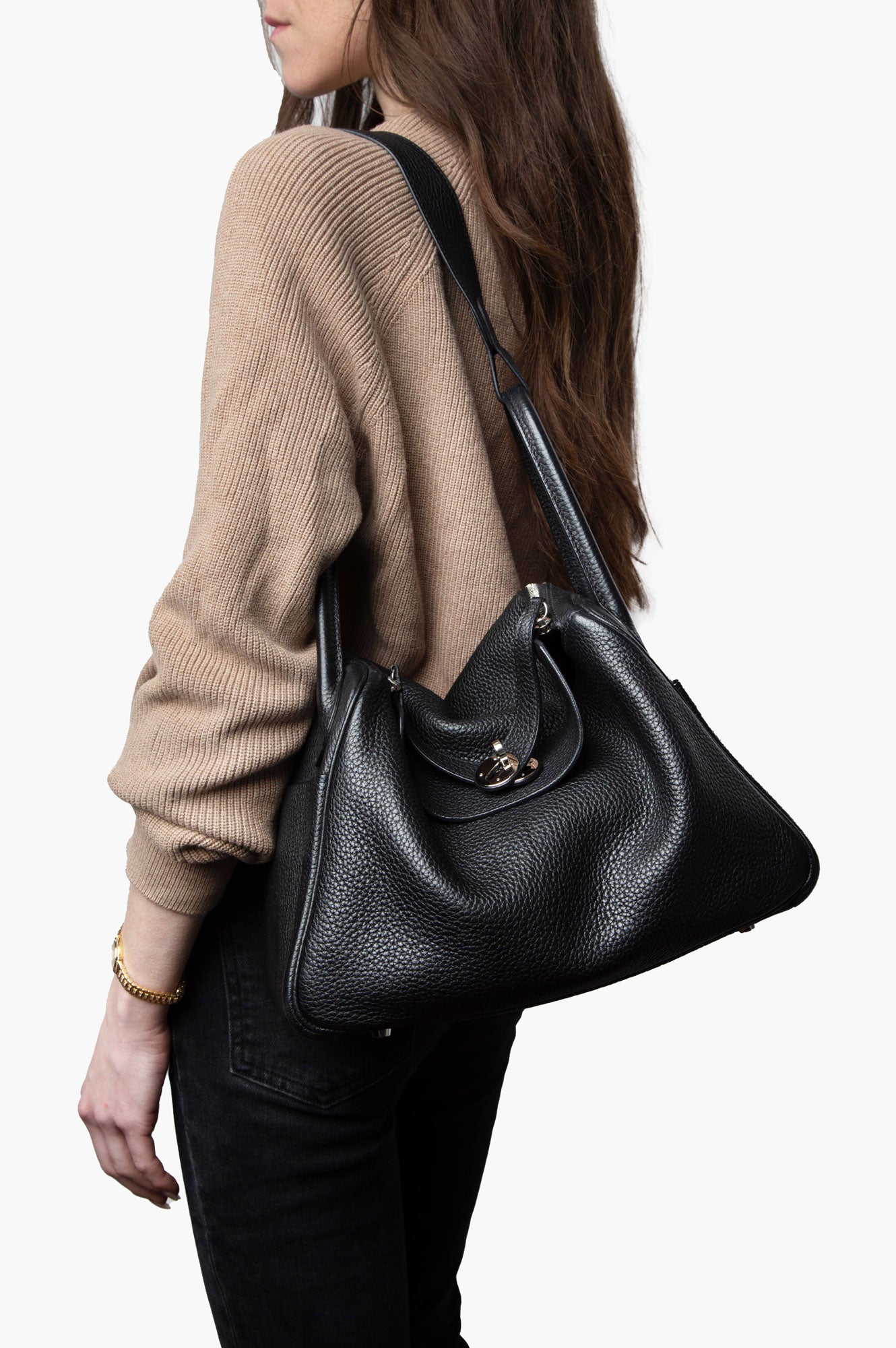 Hermes 2015 Black Clemence SHW Lindy 30 Shoulder Bag