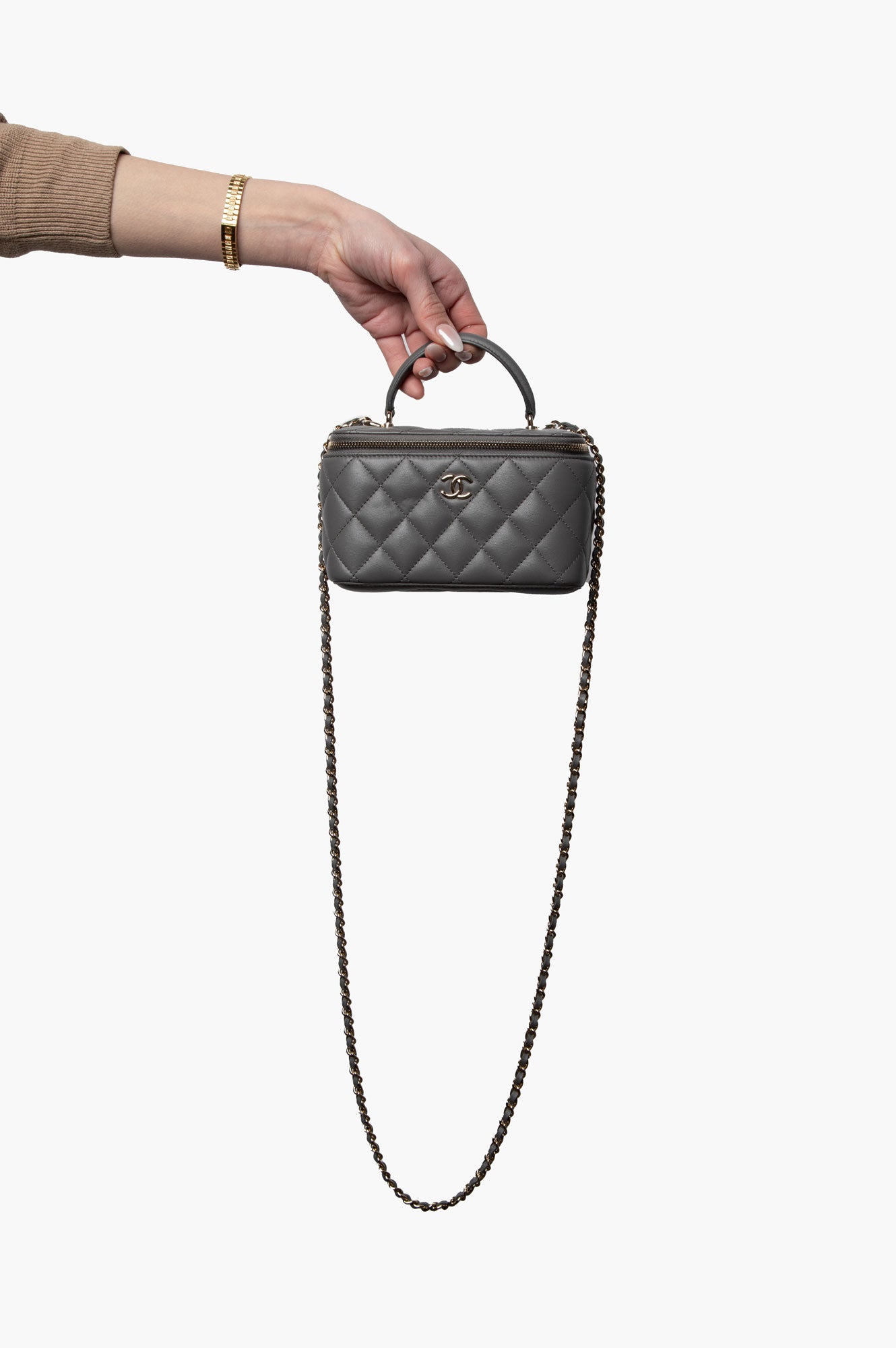 Chanel Grey Top Handle Lambskin Vanity Case