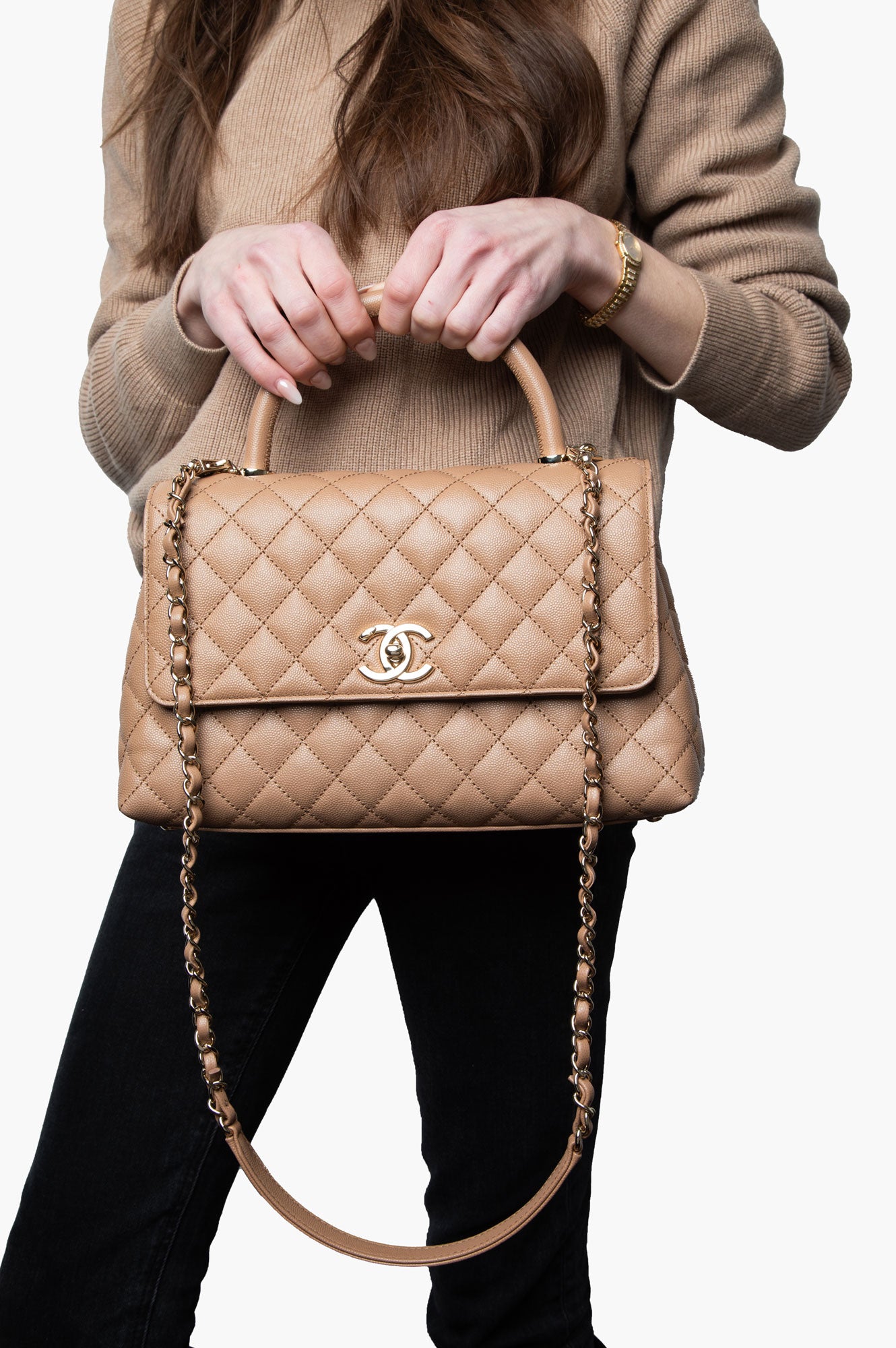 Chanel Beige Quilted Medium Coco Handle Bag