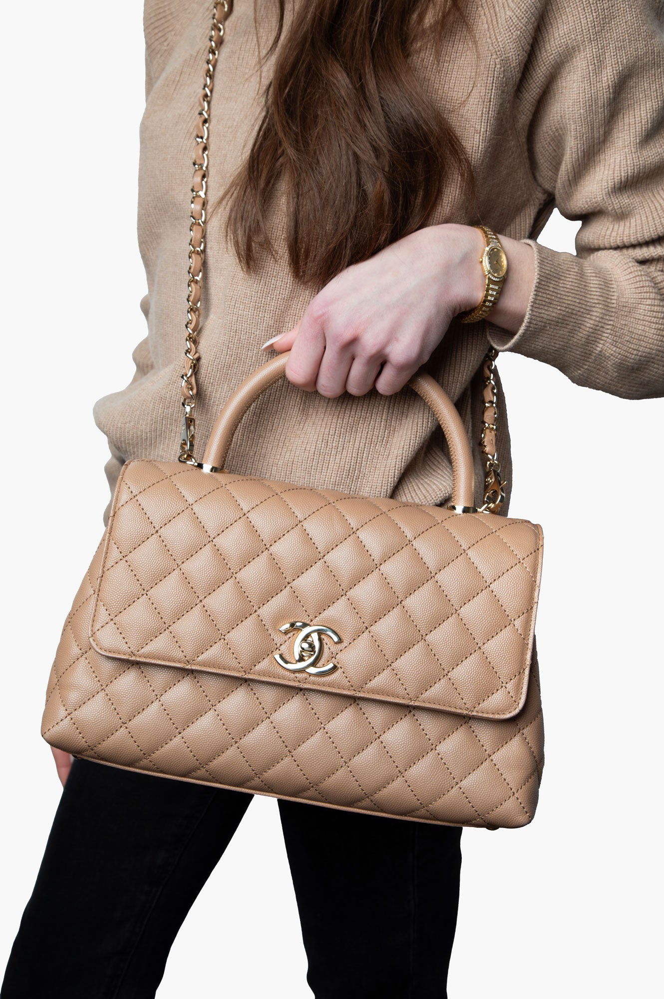 Chanel Beige Quilted Medium Coco Handle Bag