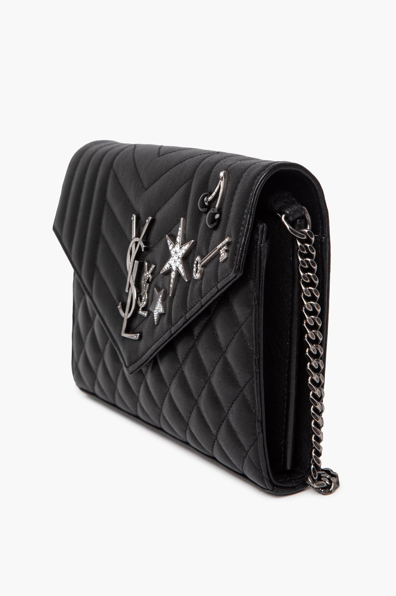 Saint Laurent Limited Edition Black Quilted Leather Embellished Monogramme Envelope Chain Wallet