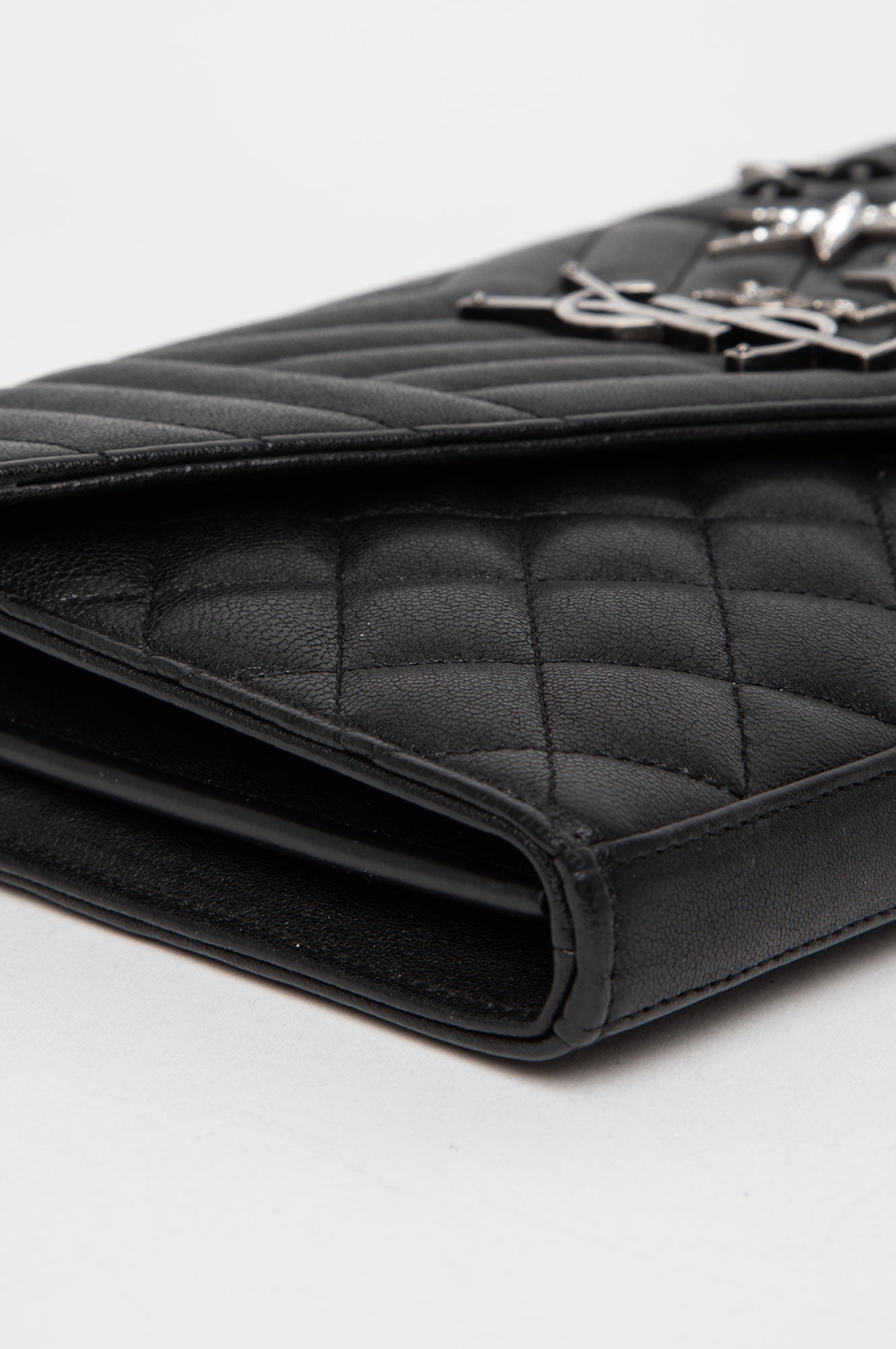 Saint Laurent Limited Edition Black Quilted Leather Embellished Monogramme Envelope Chain Wallet