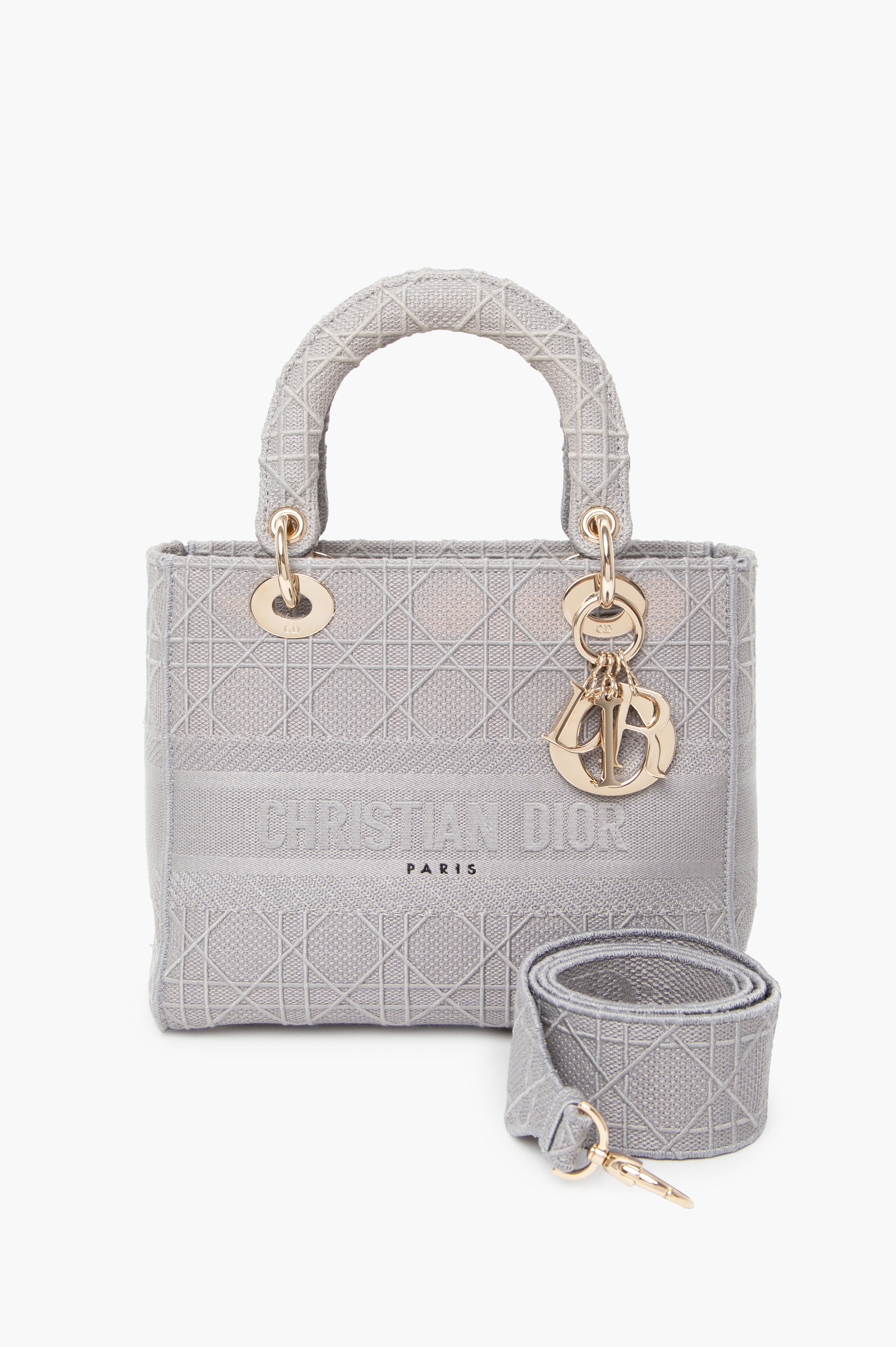 Christian Dior Medium D-Lite Bag Gray Cannage Embroidery Gold Hardware
