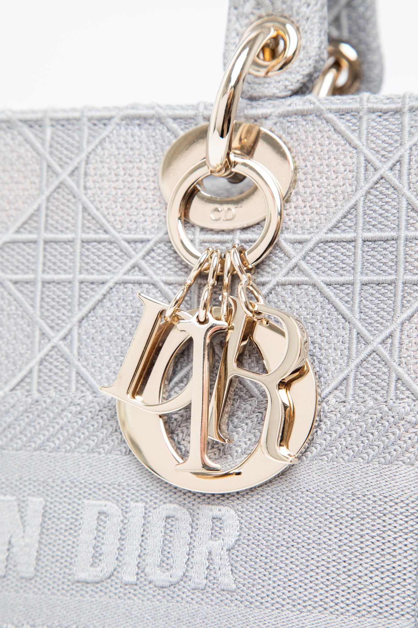 Christian Dior Medium D-Lite Bag Gray Cannage Embroidery Gold Hardware