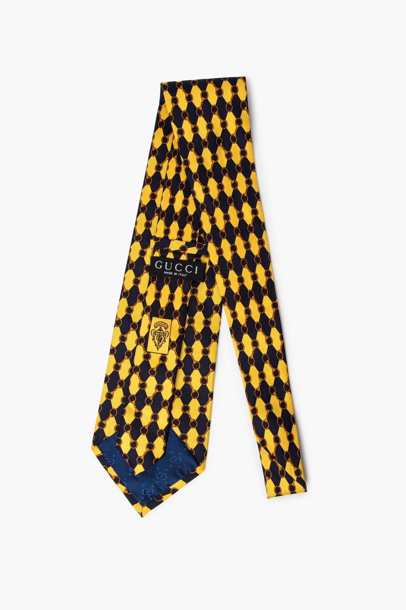 Gucci Vintage Yellow/Navy Horsebit Print Silk Tie