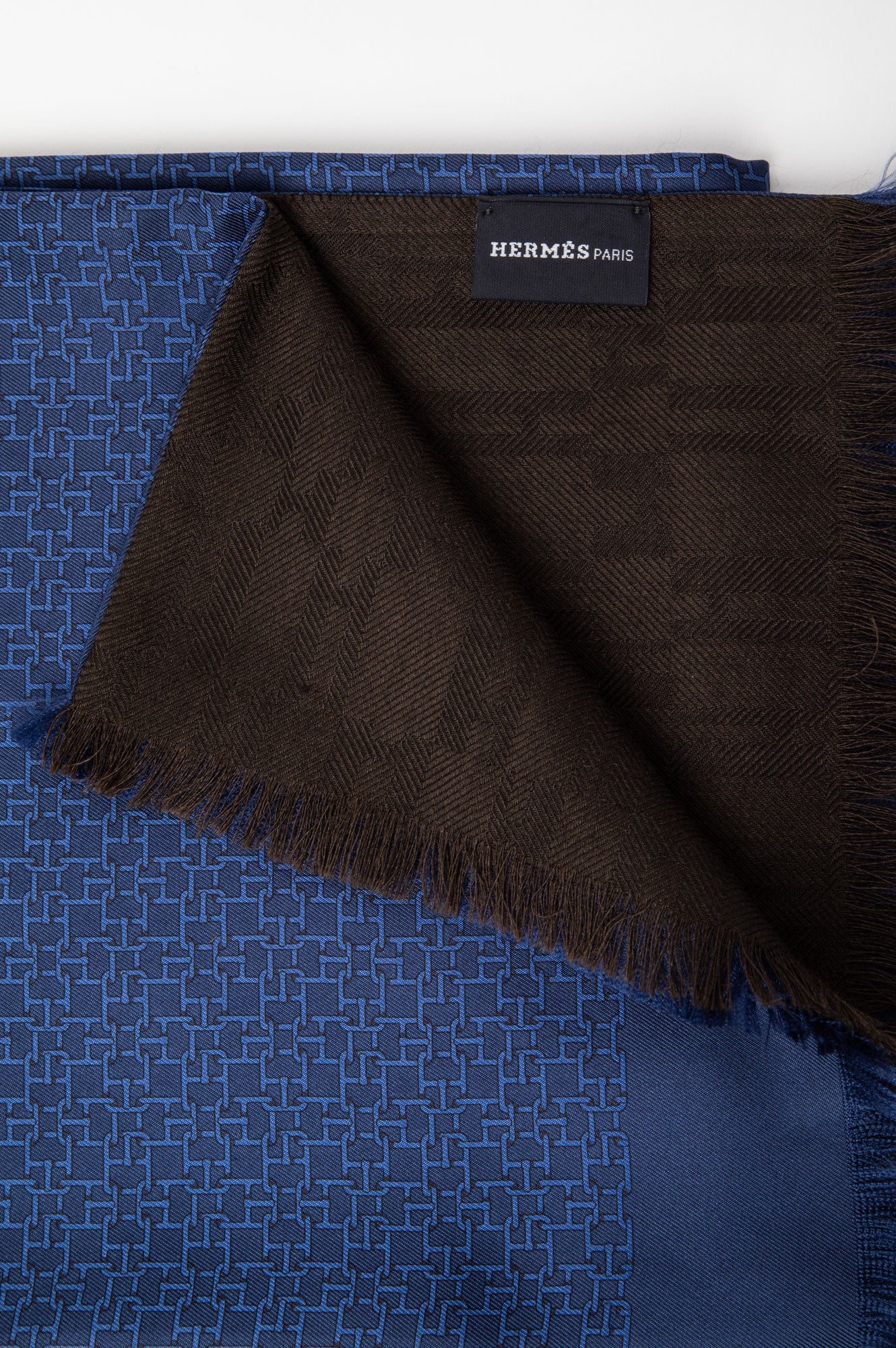 Hermès Blue/Brown Silk Wool Cashmere Echarpe Men's Scarf