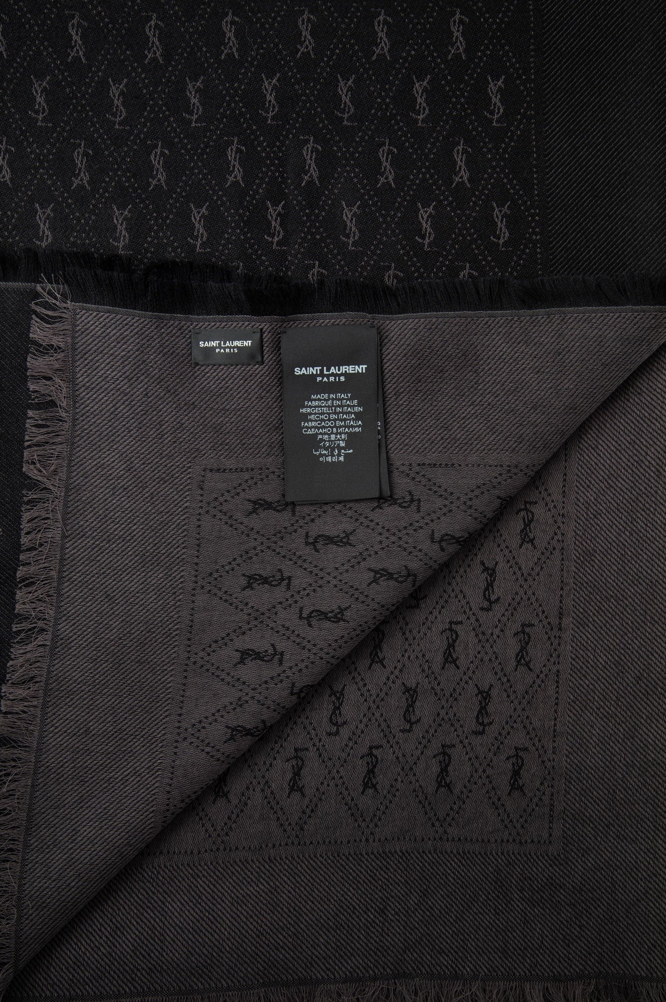 Saint Laurent Grey/Black Wool Blend Monogram Maxi Scarf
