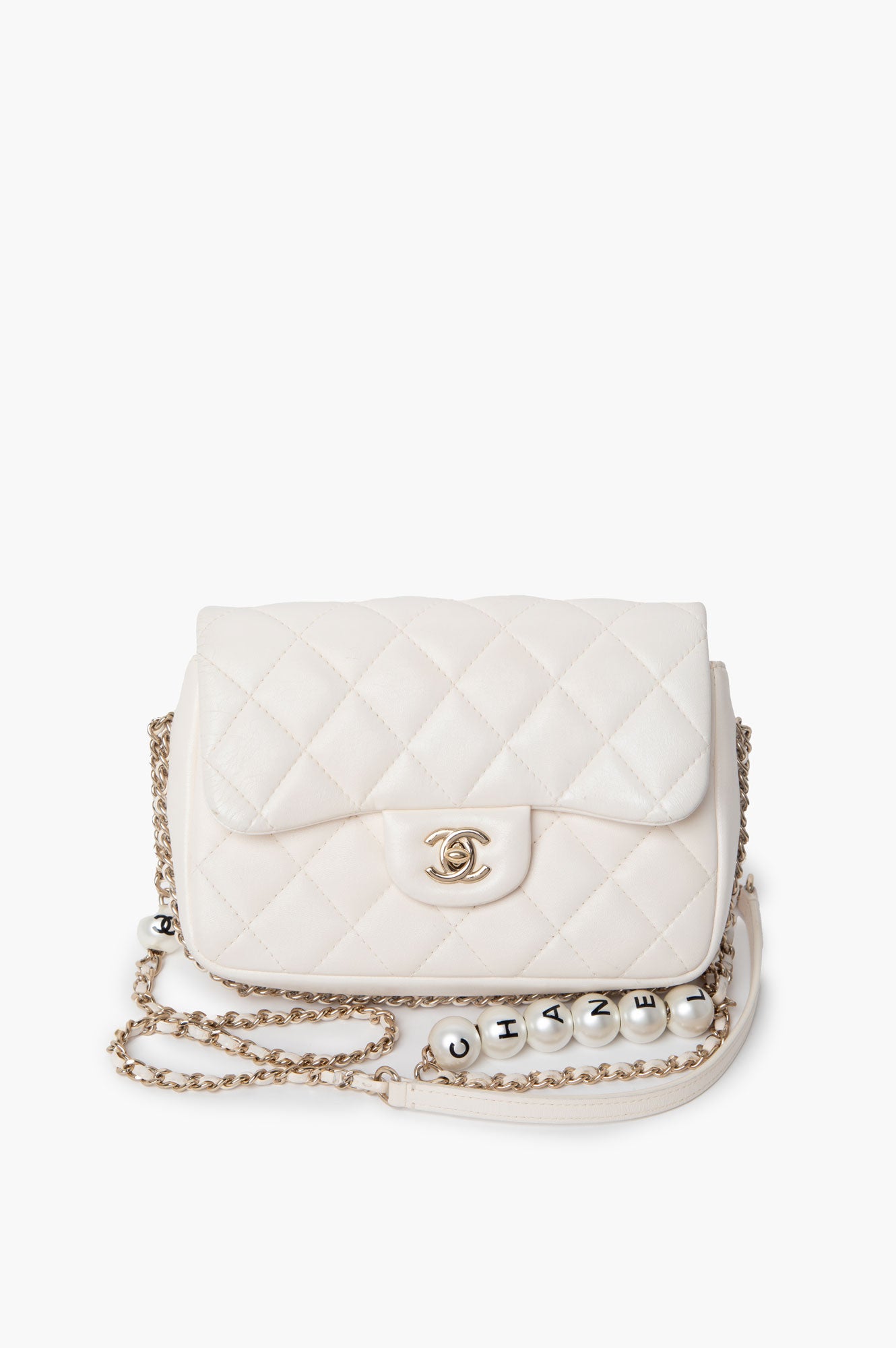 Chanel White Mini Flap Bag With Pearl Logo Chain