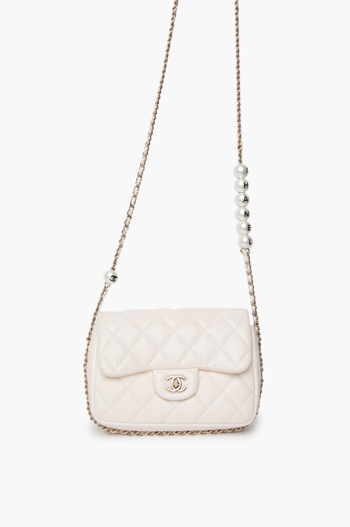 Chanel White Mini Flap Bag With Pearl Logo Chain