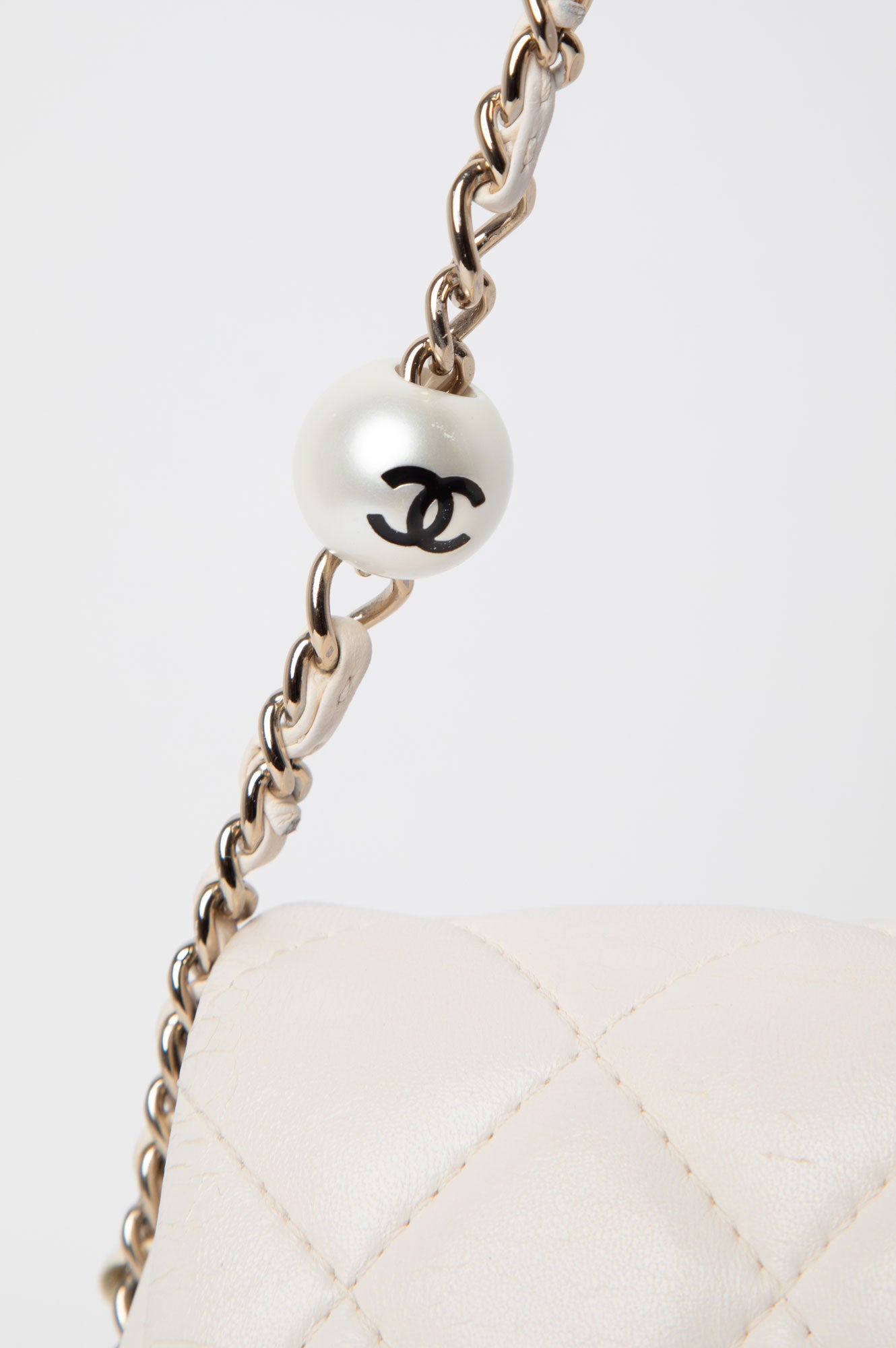 Chanel White Mini Flap Bag With Pearl Logo Chain