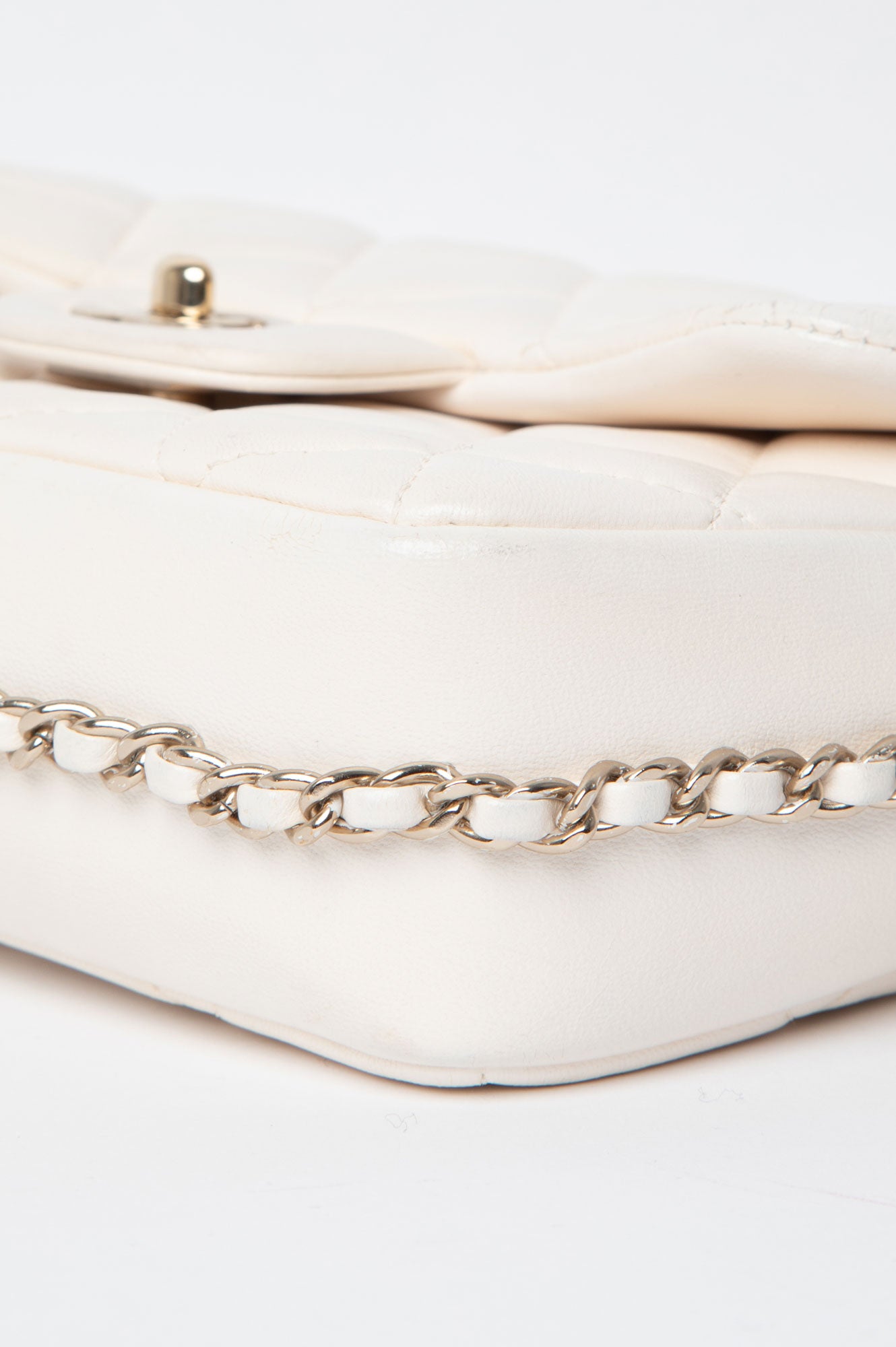 Chanel White Mini Flap Bag With Pearl Logo Chain