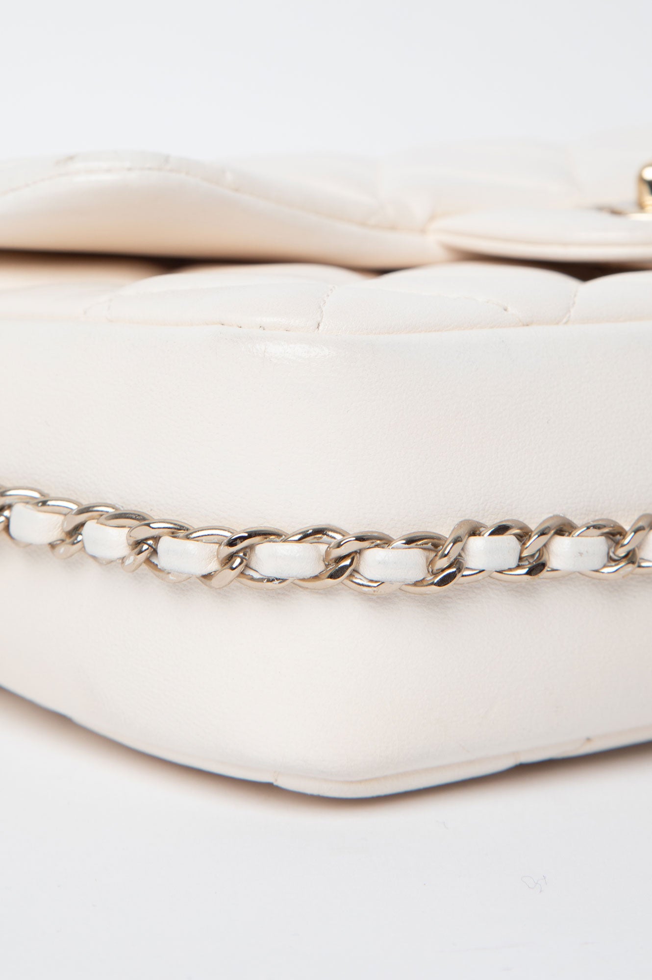 Chanel White Mini Flap Bag With Pearl Logo Chain