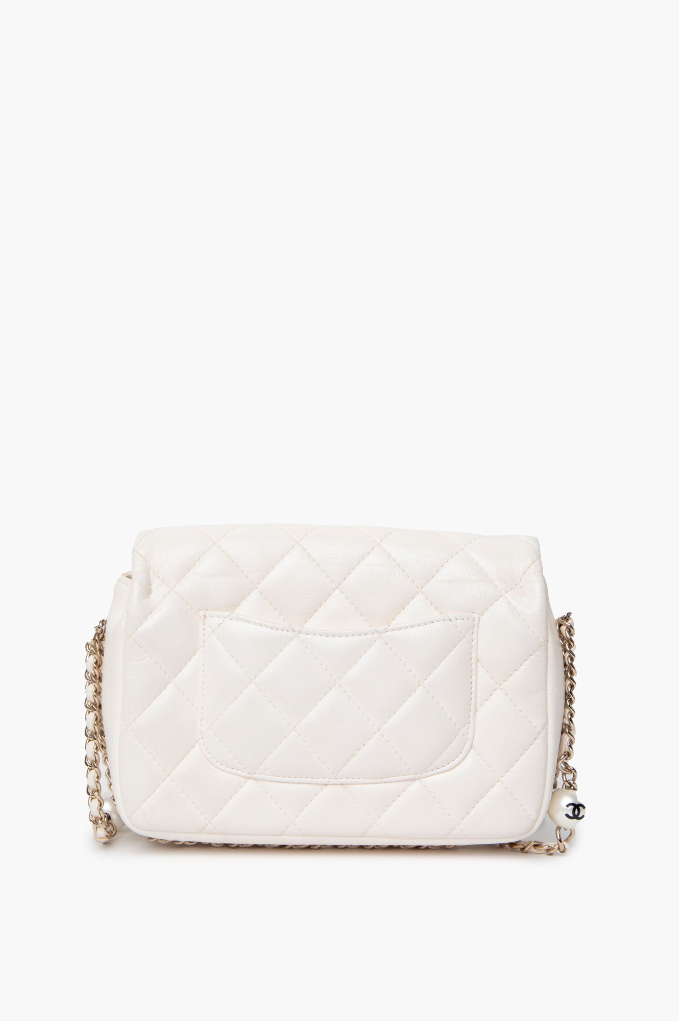 Chanel White Mini Flap Bag With Pearl Logo Chain