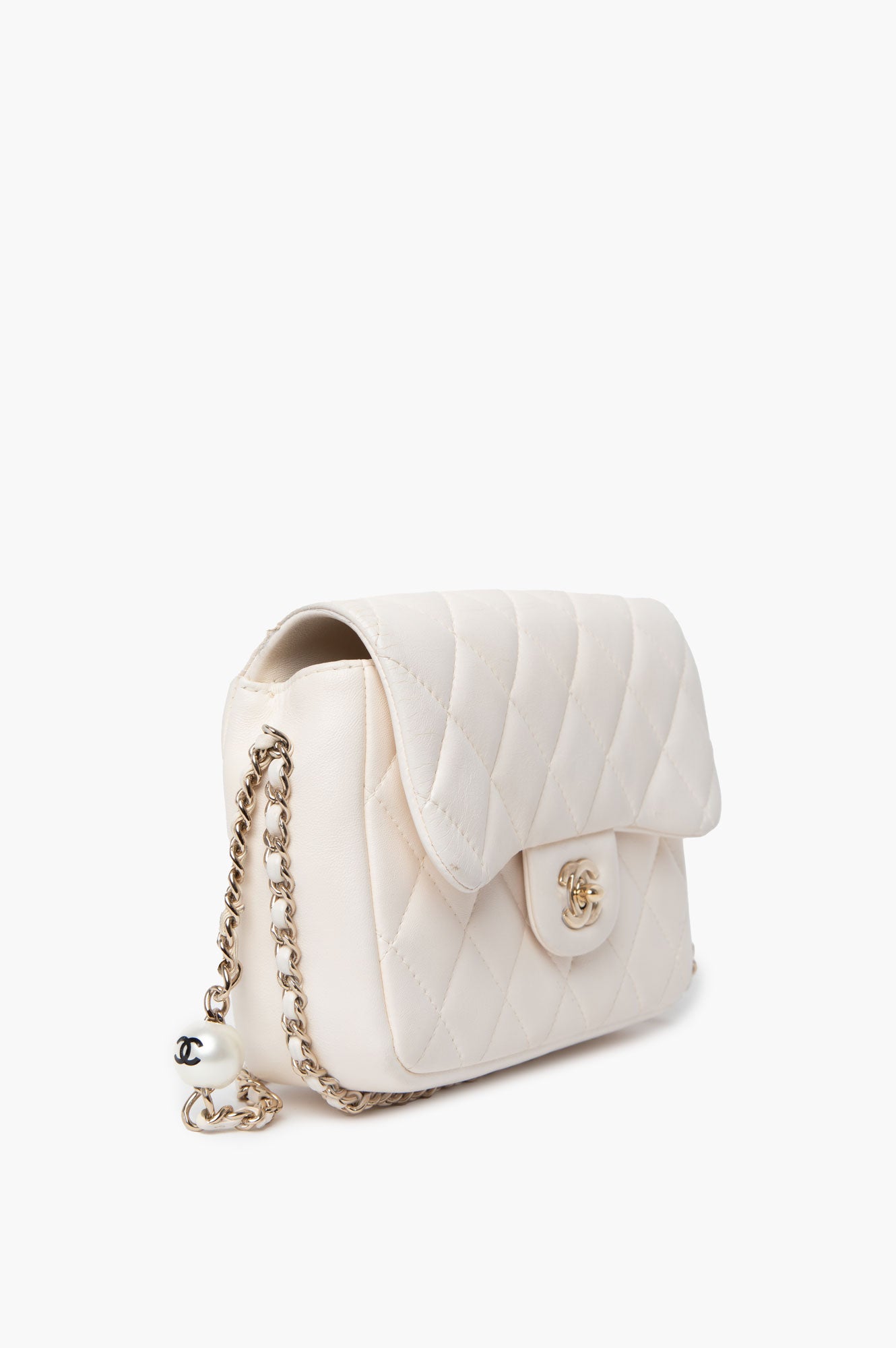 Chanel White Mini Flap Bag With Pearl Logo Chain