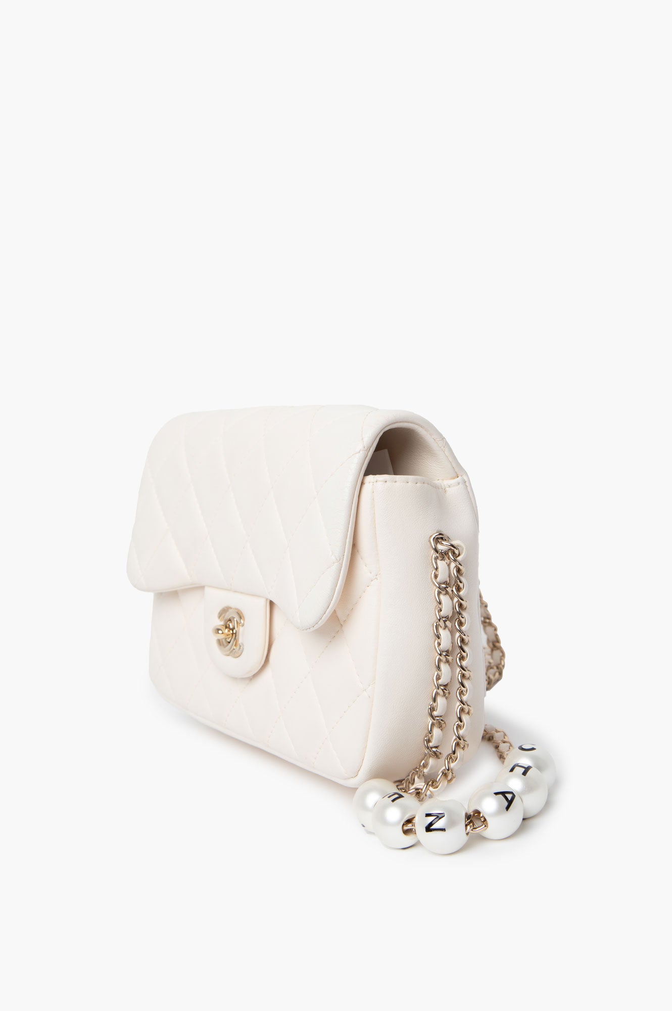 Chanel White Mini Flap Bag With Pearl Logo Chain