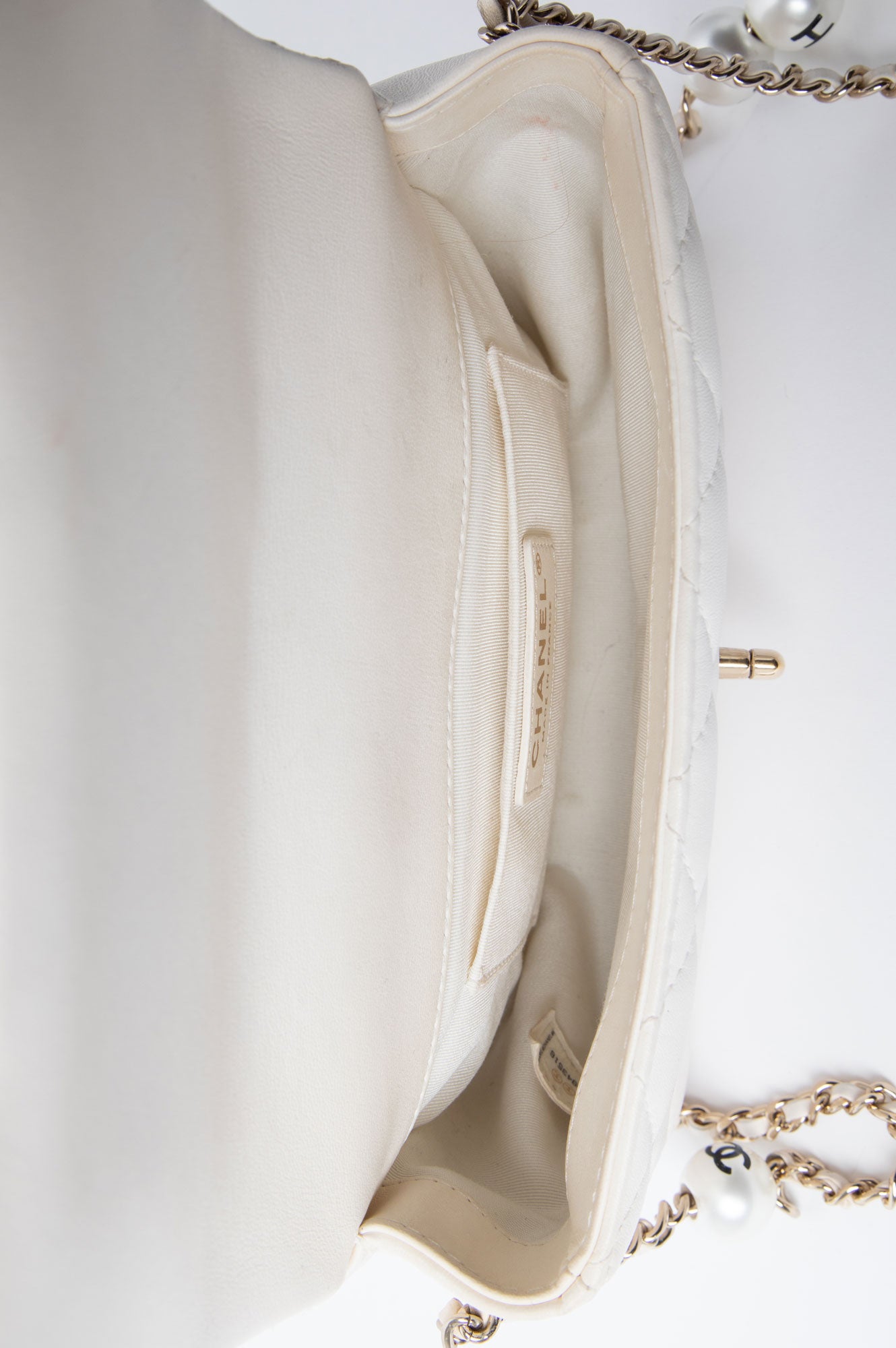 Chanel White Mini Flap Bag With Pearl Logo Chain