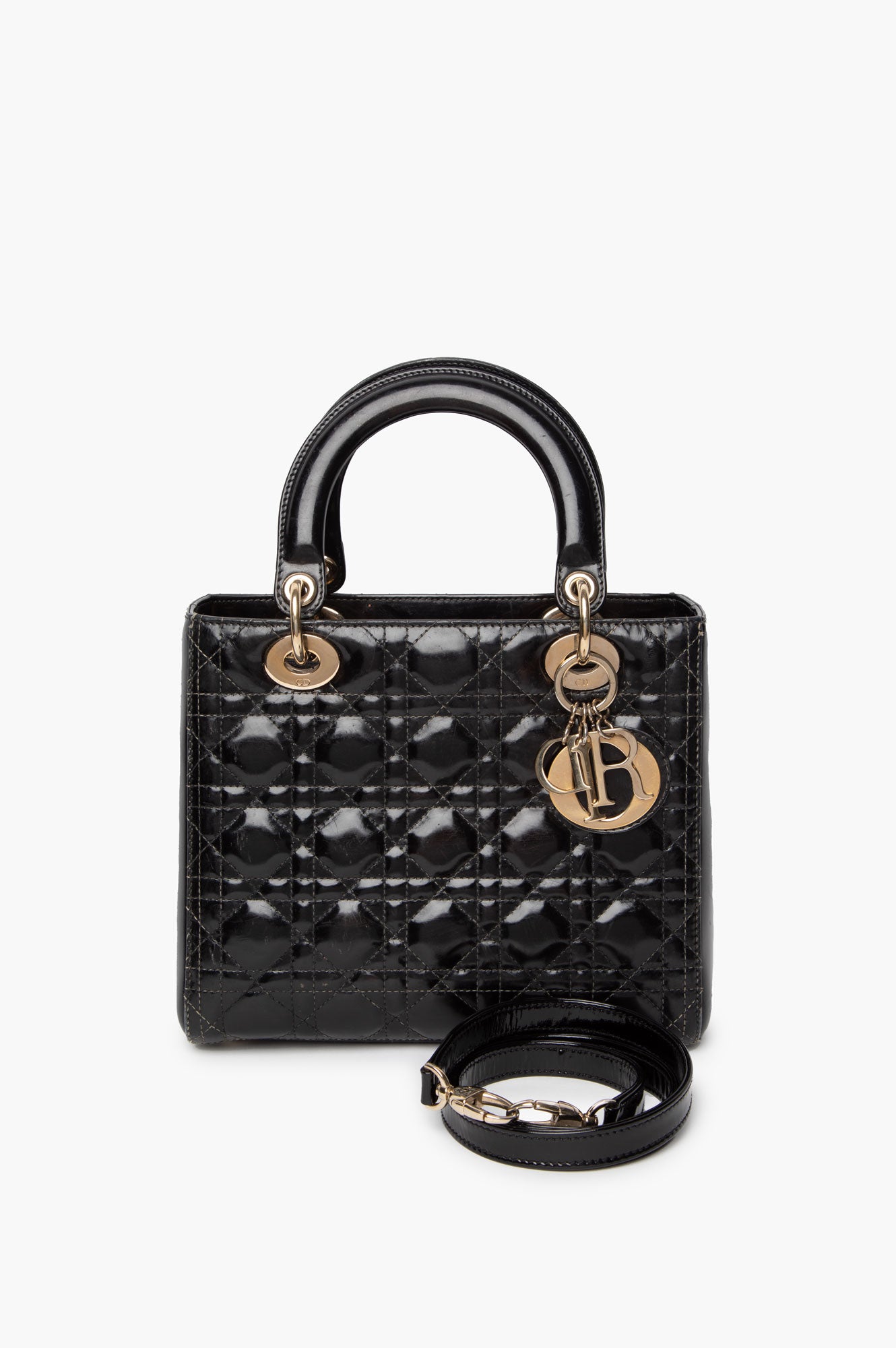 Christian Dior Black Lady Dior Medium Patent Cannage Leather Bag