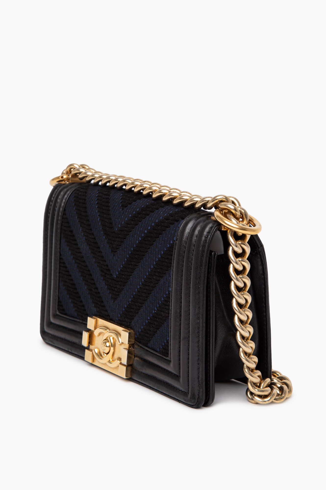 Chanel Black/Blue Chevron Fabric and Leather Small Boy Flap Bag