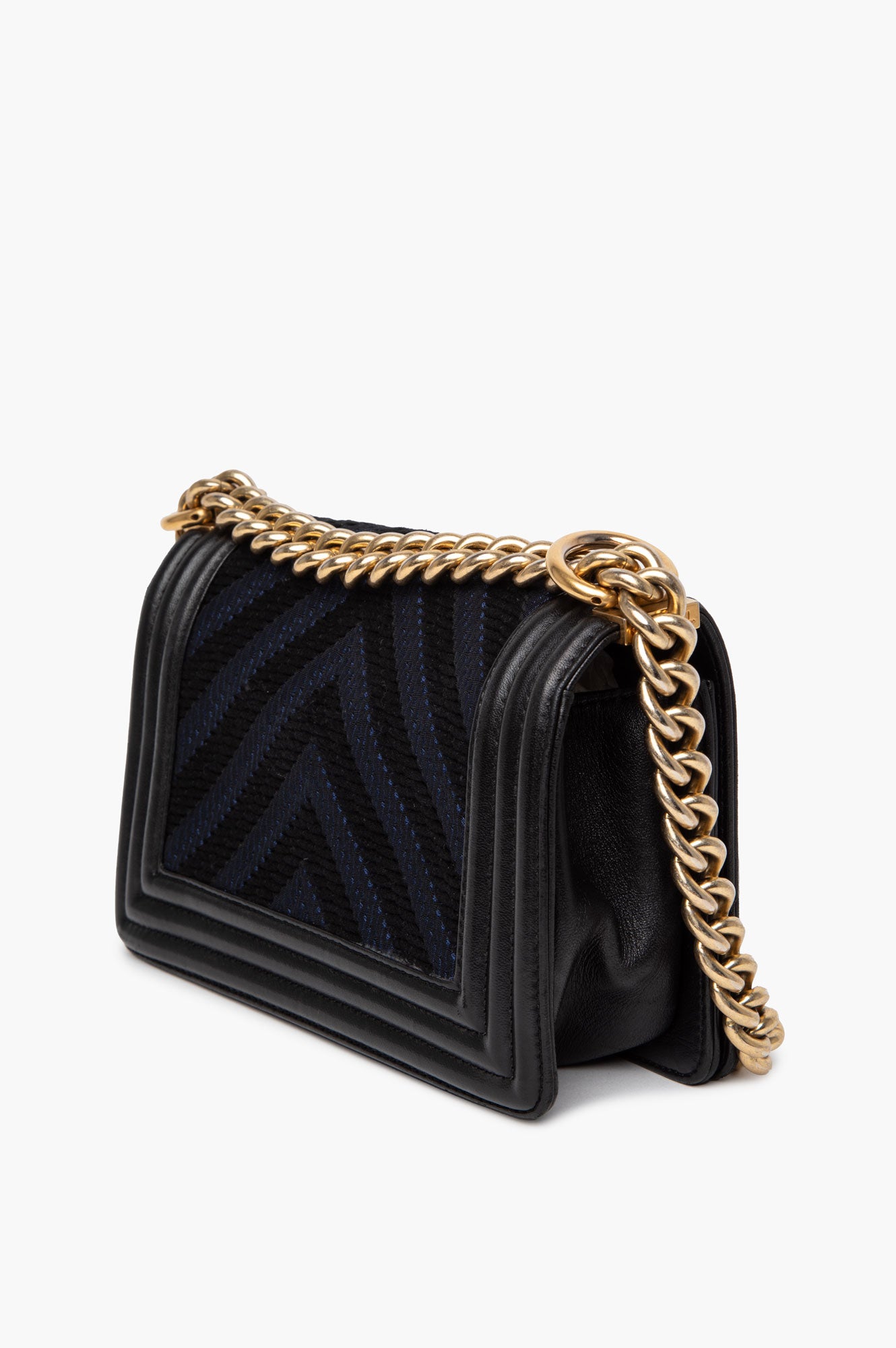 Chanel Black/Blue Chevron Fabric and Leather Small Boy Flap Bag