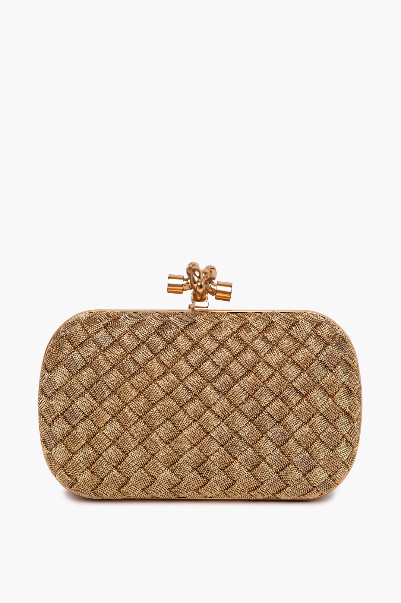 Bottega Veneta Gold Intrecciato Woven Metal Knot Minaudière Clutch