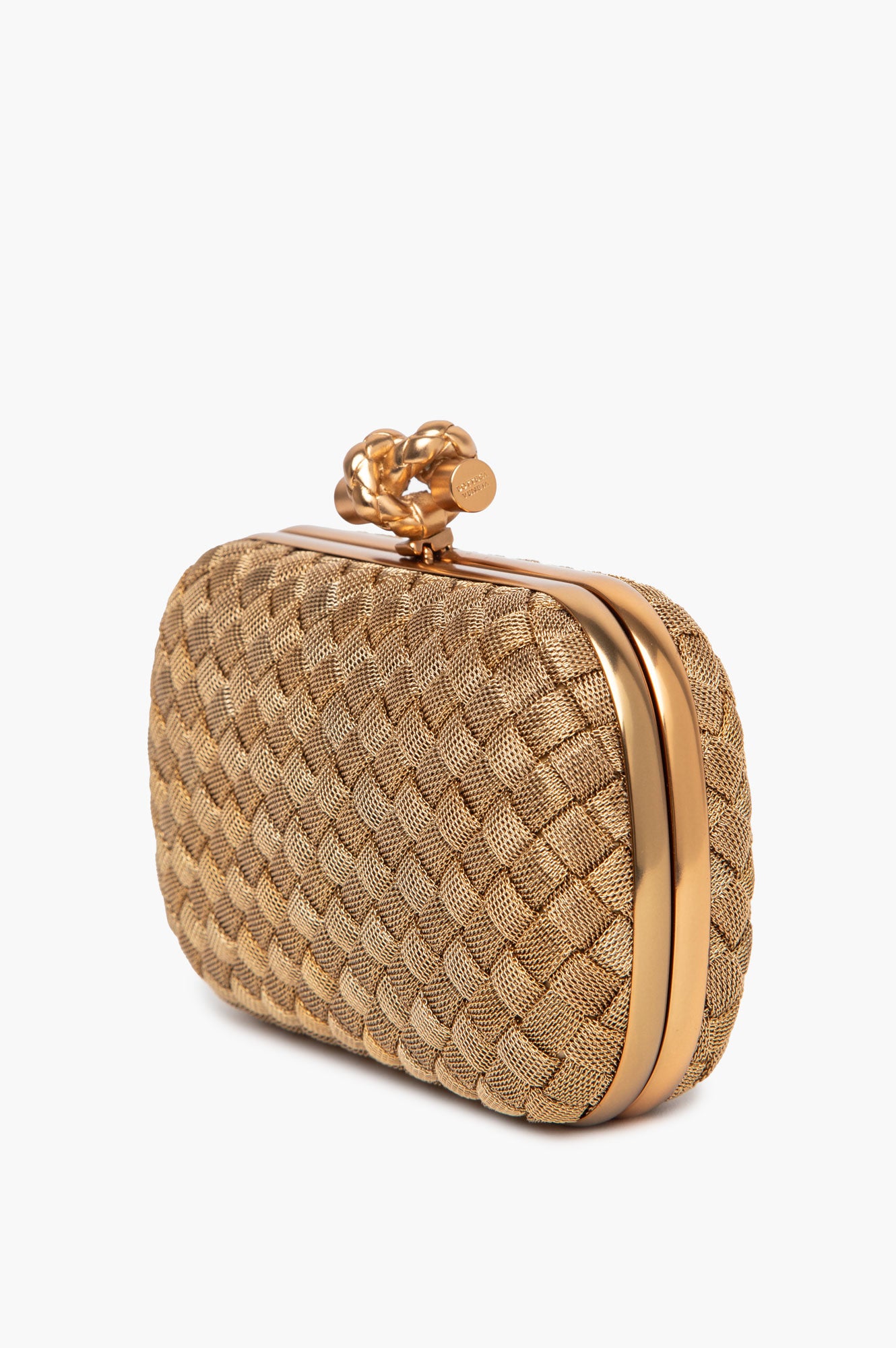 Bottega Veneta Gold Intrecciato Woven Metal Knot Minaudière Clutch