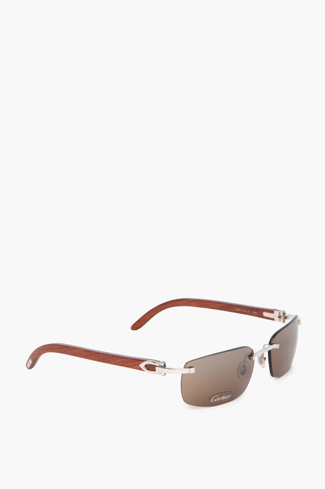 Cartier Light Wood Rimless Sunglasses with Platnium C Decor and Brown Lens