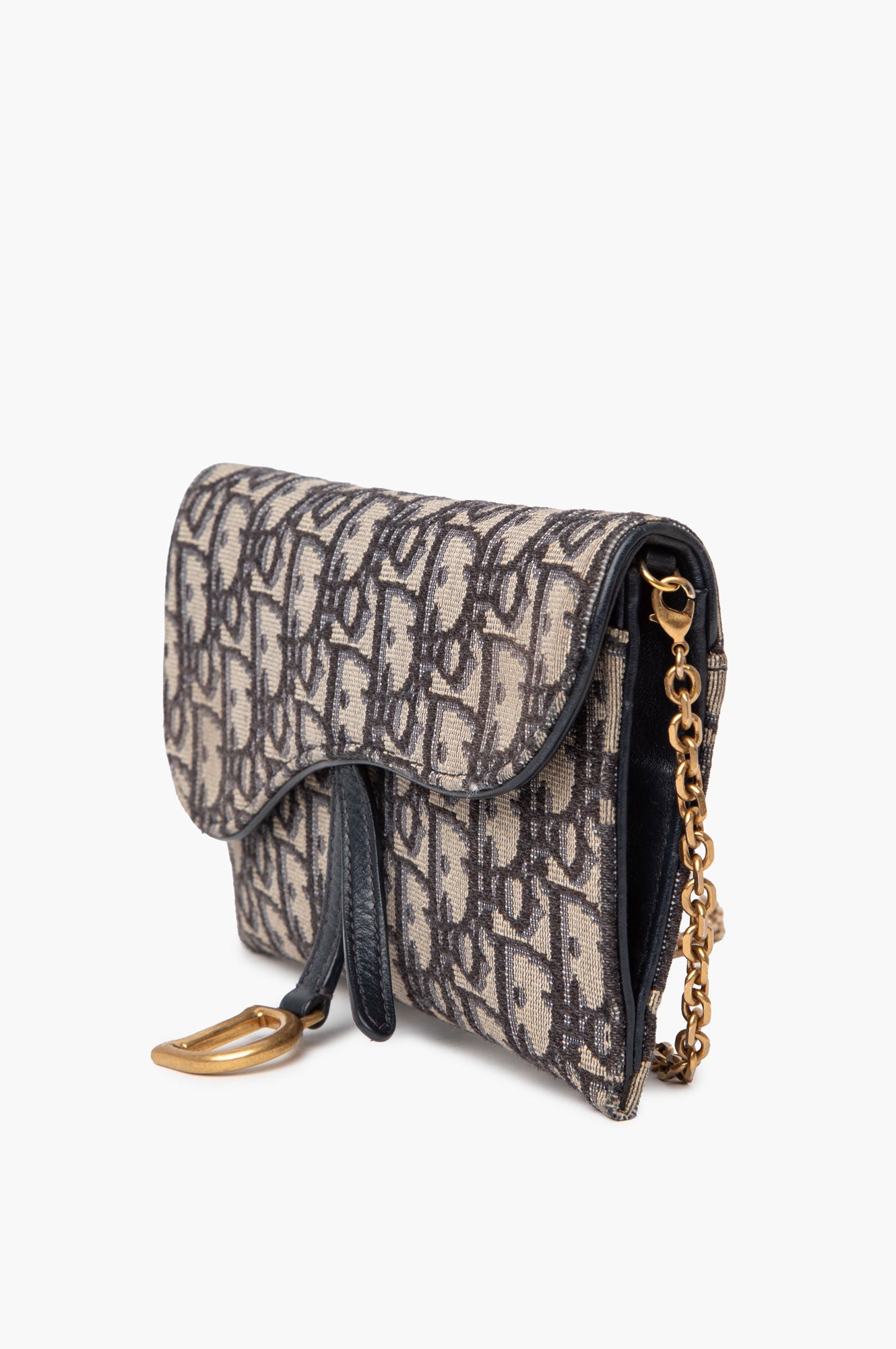 Christian Dior Blue Oblique Small Saddle Chain Pouch with Zip Pouch