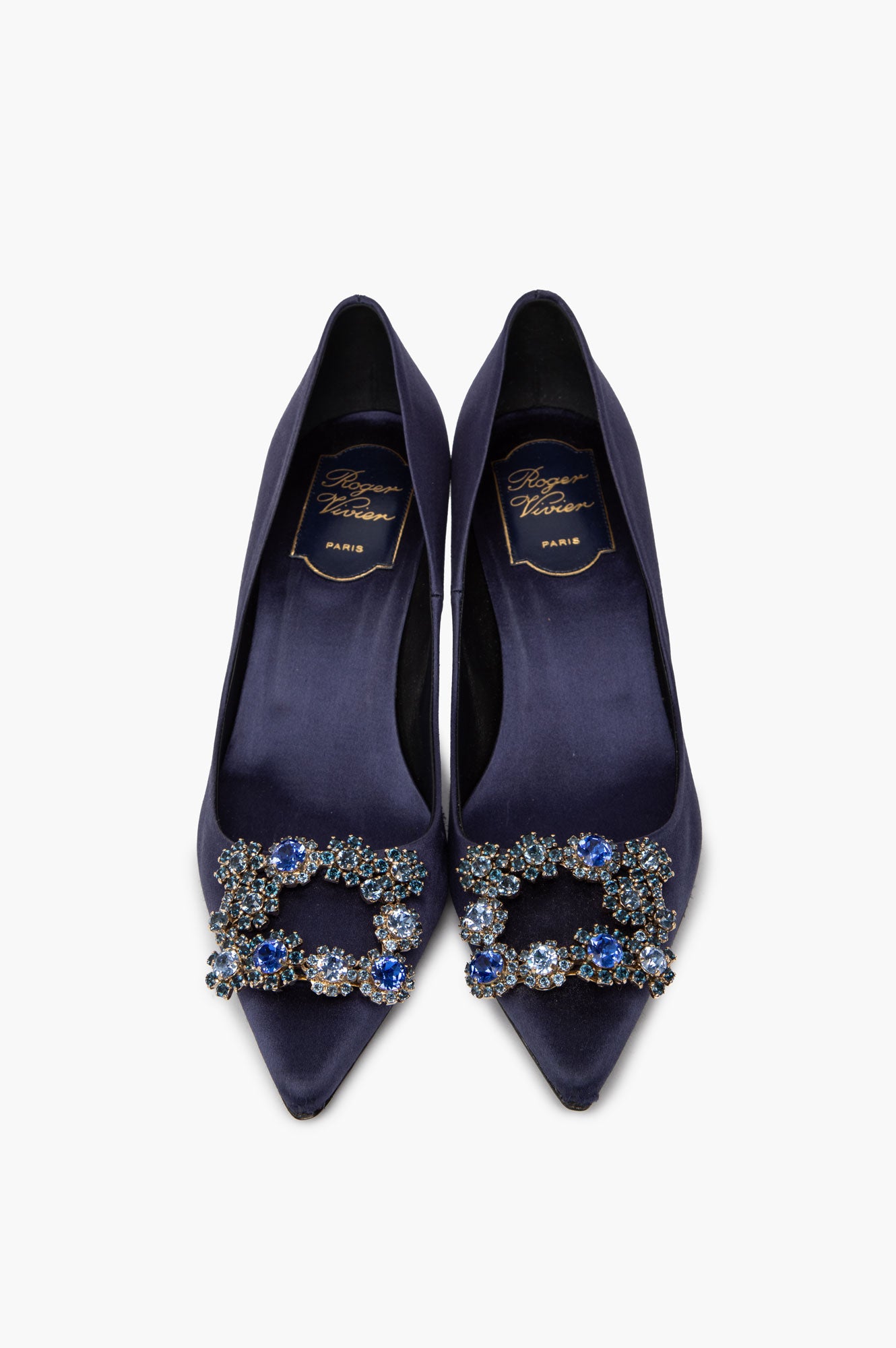 Roger Vivier Navy Satin Flower Strass Pumps Size 36.5