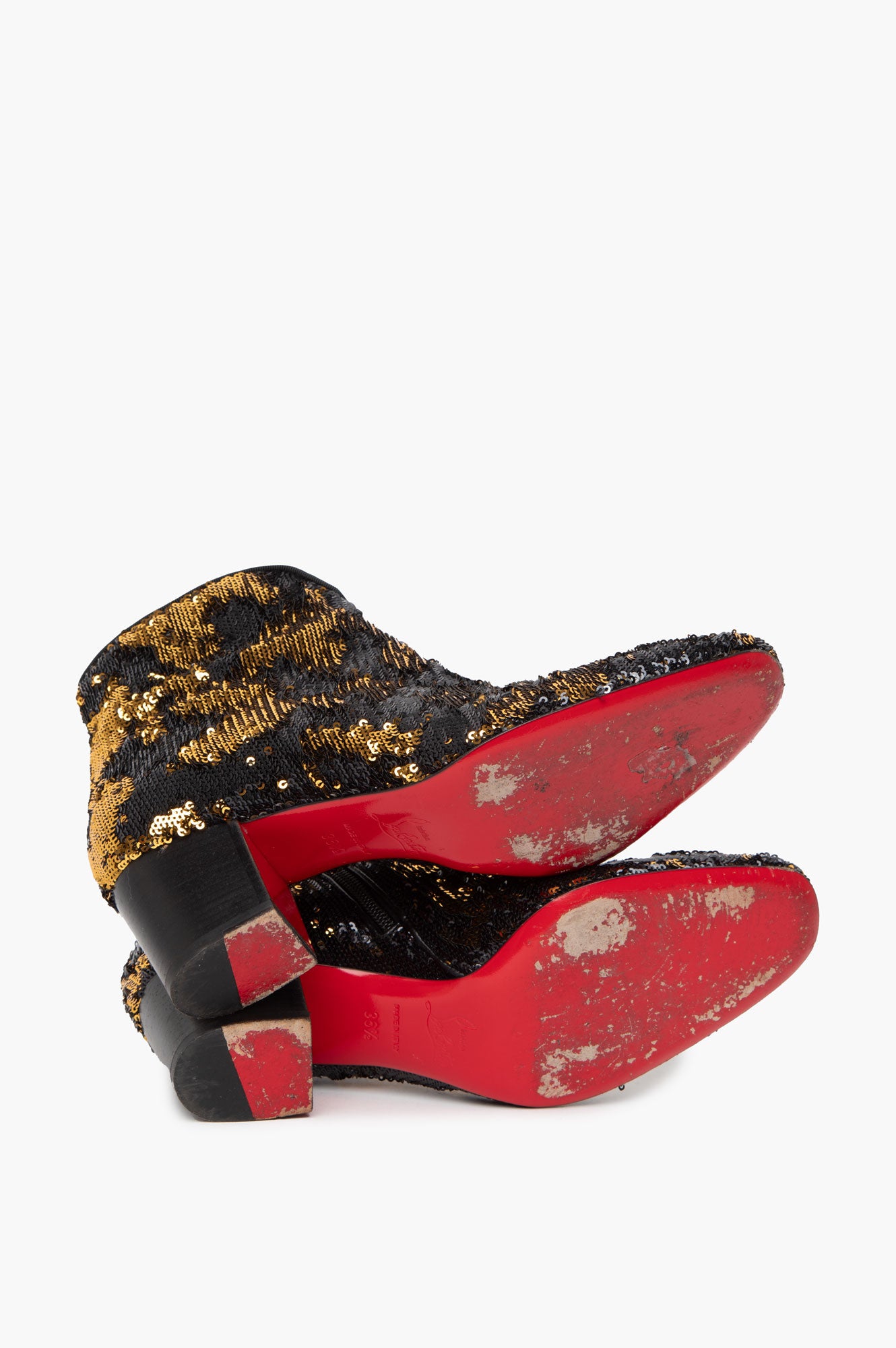 Christian Louboutin Black & Gold Sequin Disco 70s 55 Ankle Boots Size 36.5