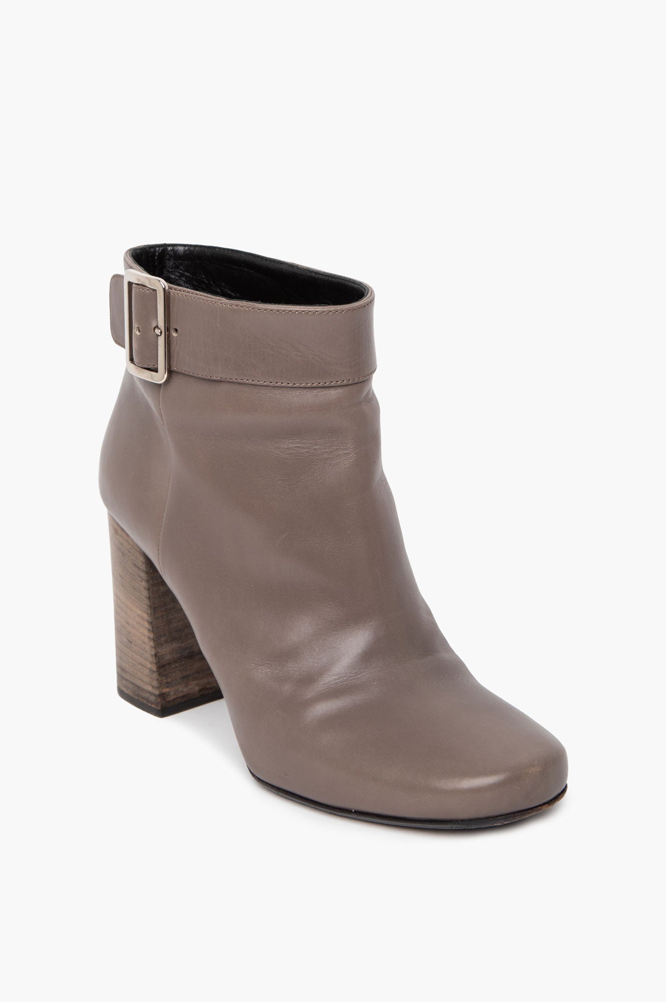 Prada Grey Leather Buckle Ankle Stacked Heel Booties Size 37