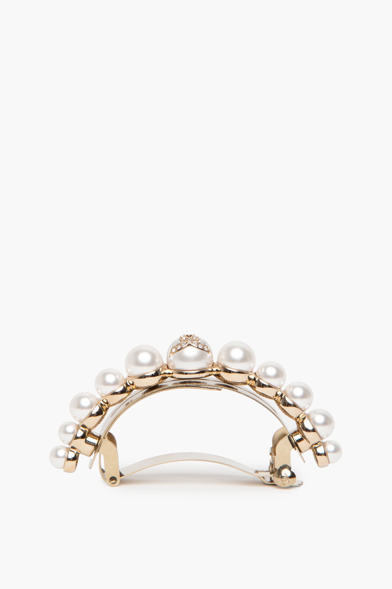 Chanel Crystal CC Logo Faux Pearl Gold Tone Pony Barette