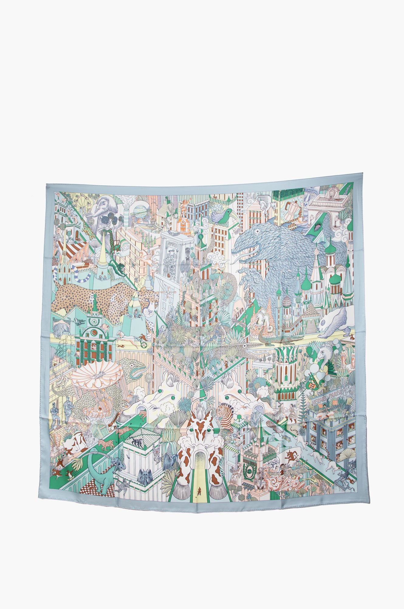 Hermes Animapolis Green/Blue Silk Scarf 140