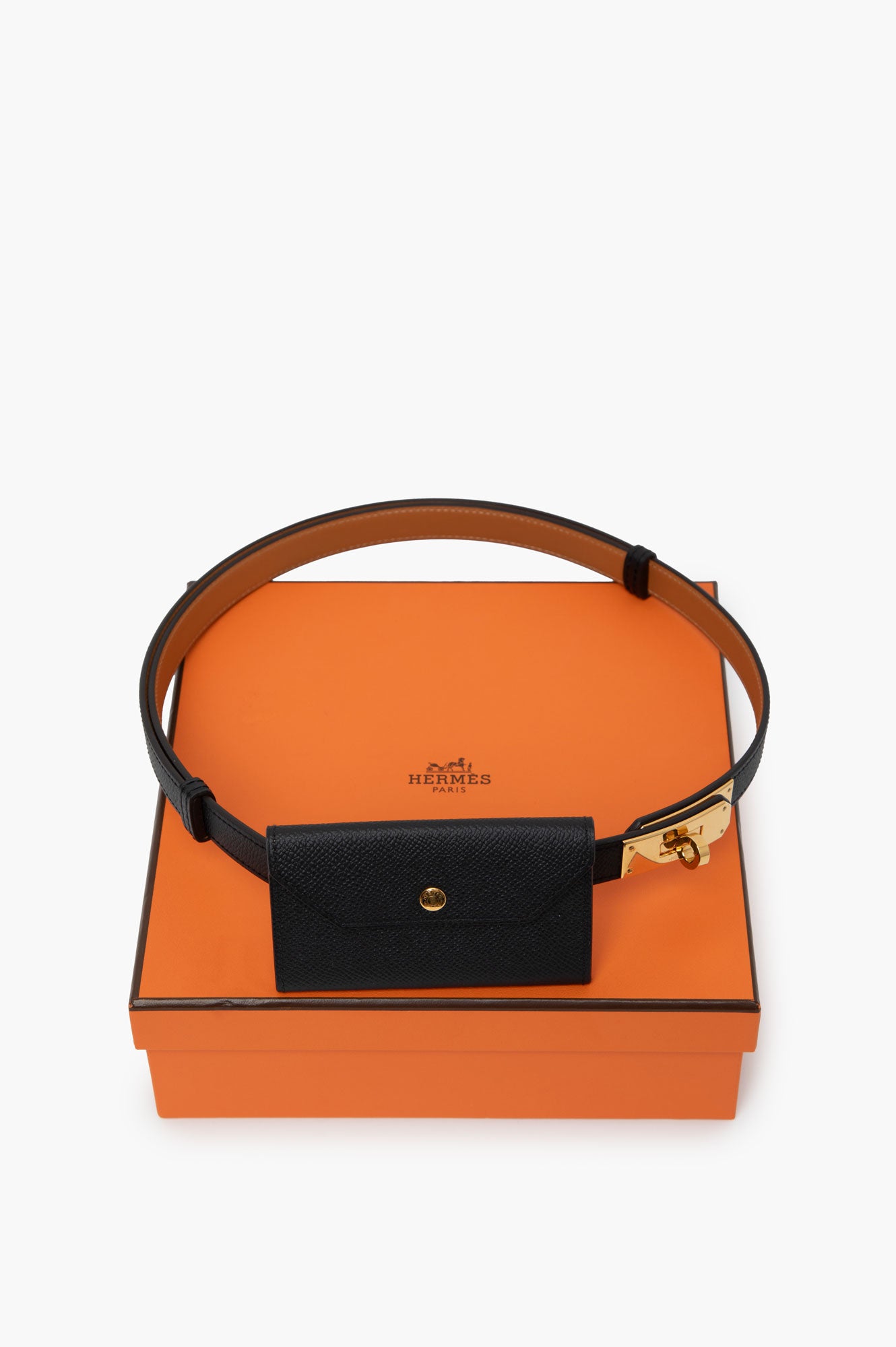 Kelly Black Pocket 18 Belt Epsom Leather with Gold Hardware