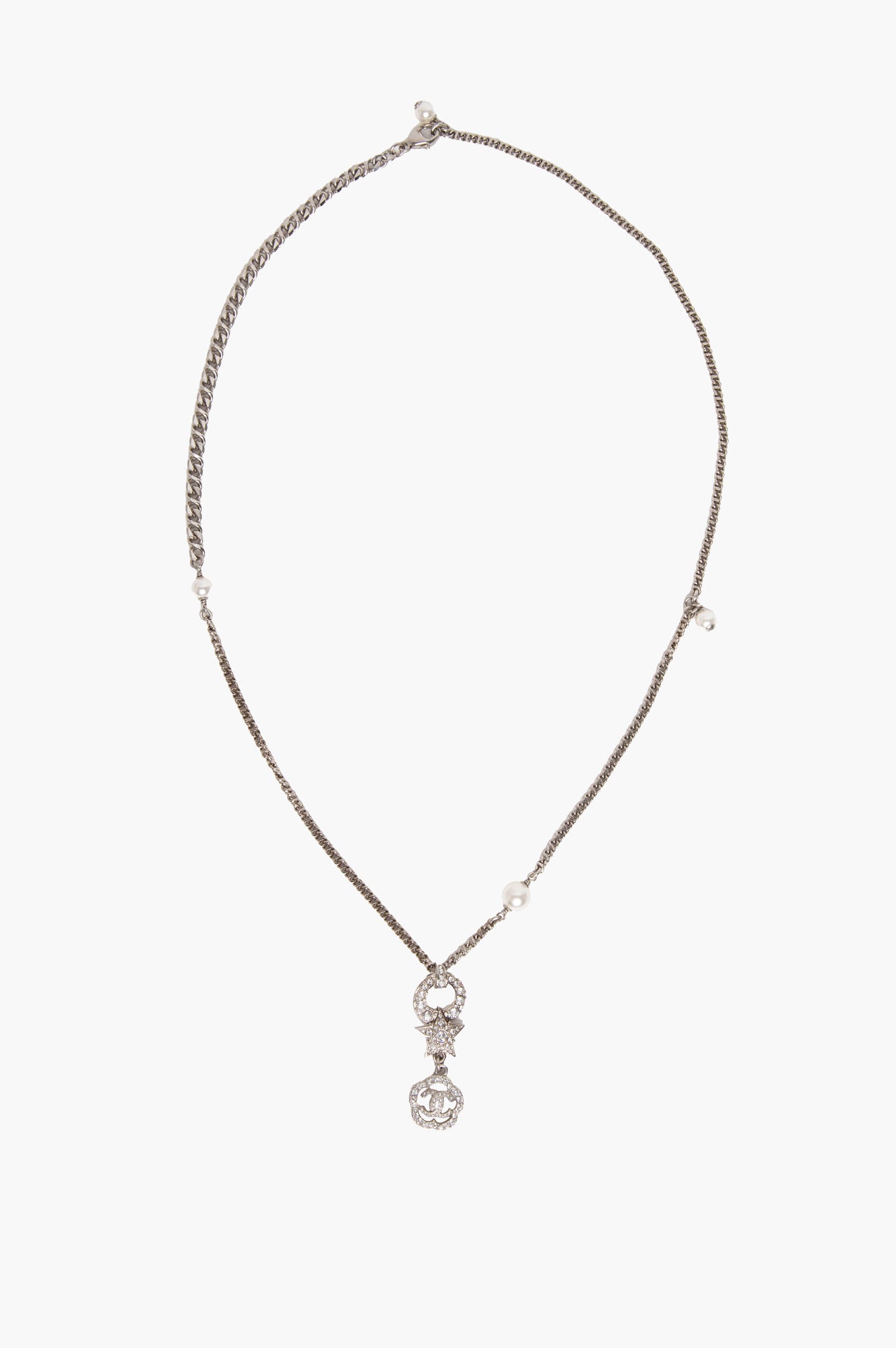 Chanel CC Logo Rhinestone Pearl Star Flower Necklace