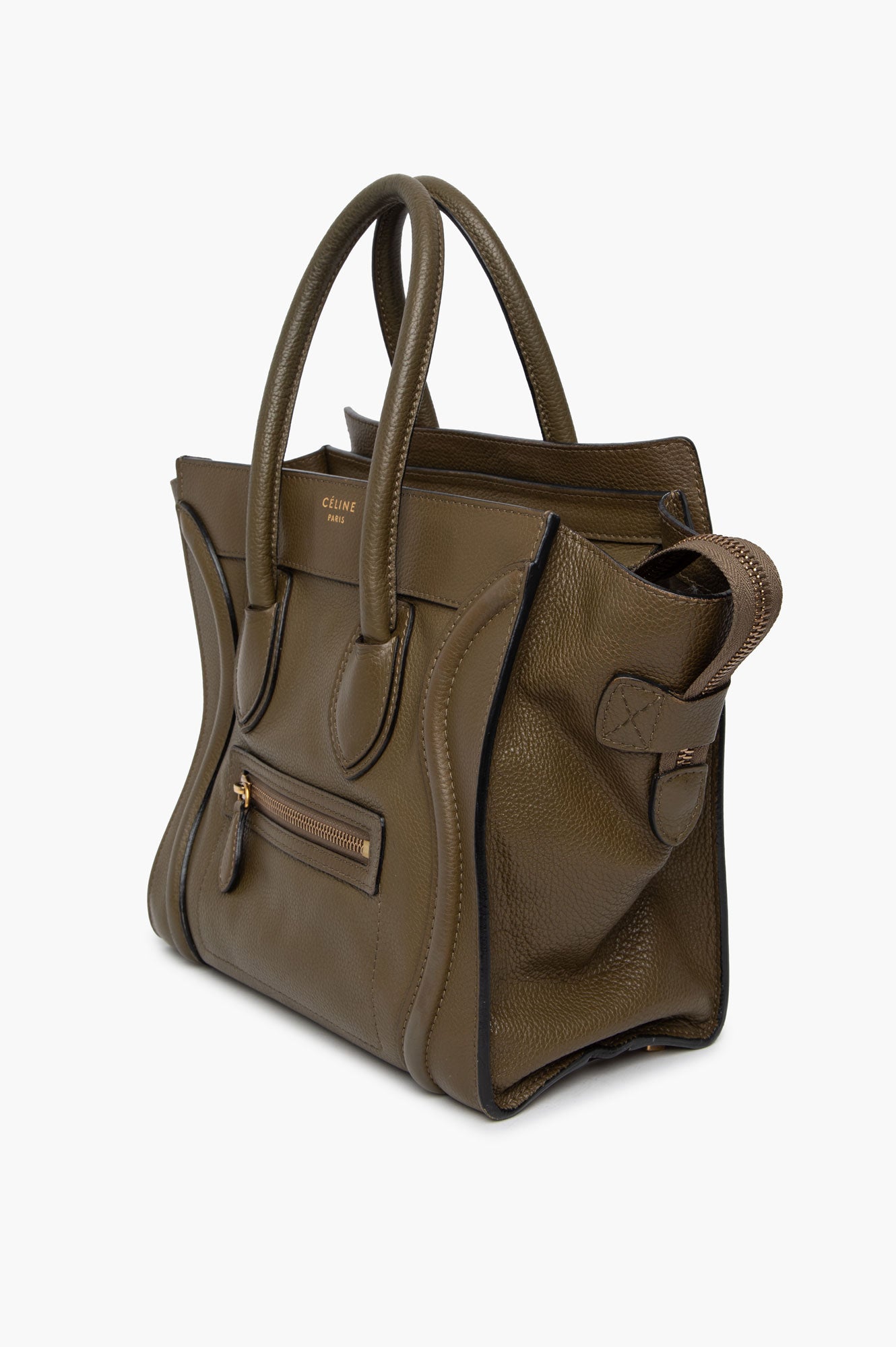 Celine Olive Green Drummed Calf Leather Mini Luggage Tote Bag