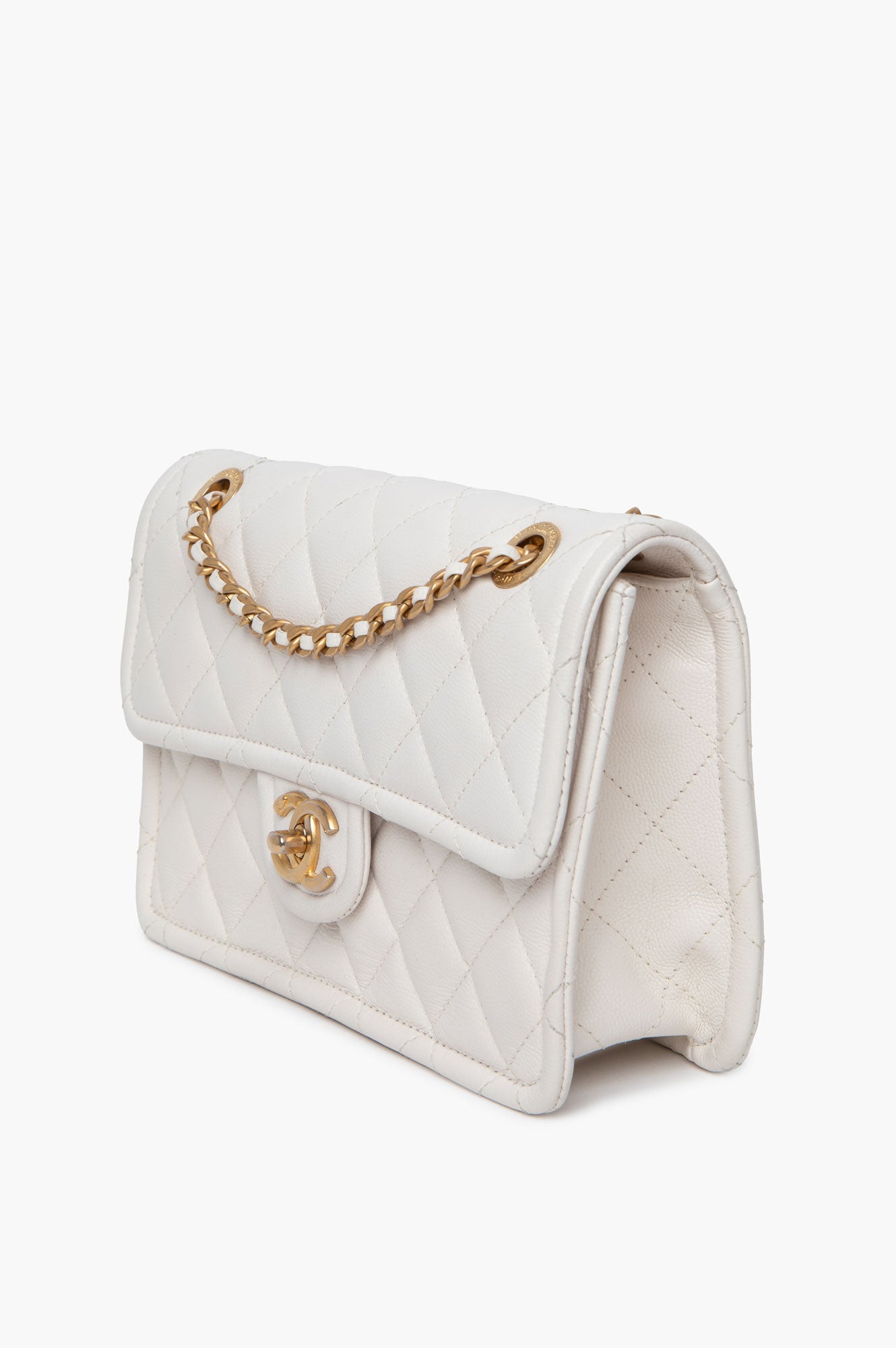 Chanel 21P White Caviar Quilted Sweet Single Flap Bag Aged Gold Hardware