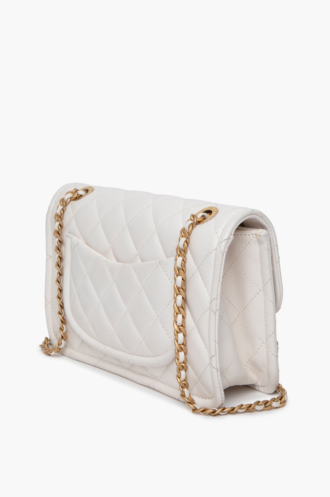 Chanel 21P White Caviar Quilted Sweet Single Flap Bag Aged Gold Hardware