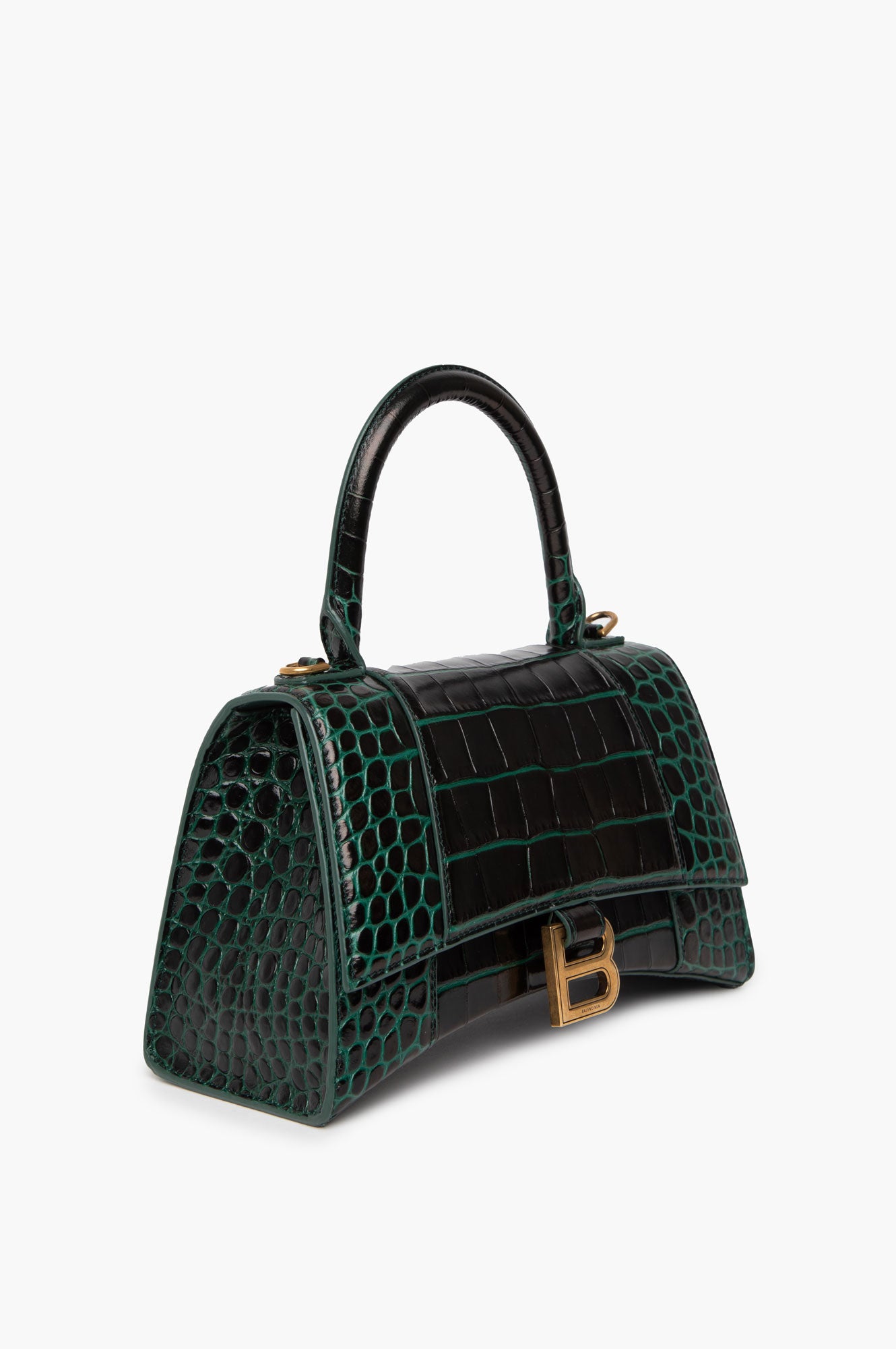 Balenciaga Hourglass Croc-Embossed Green Handle Bag