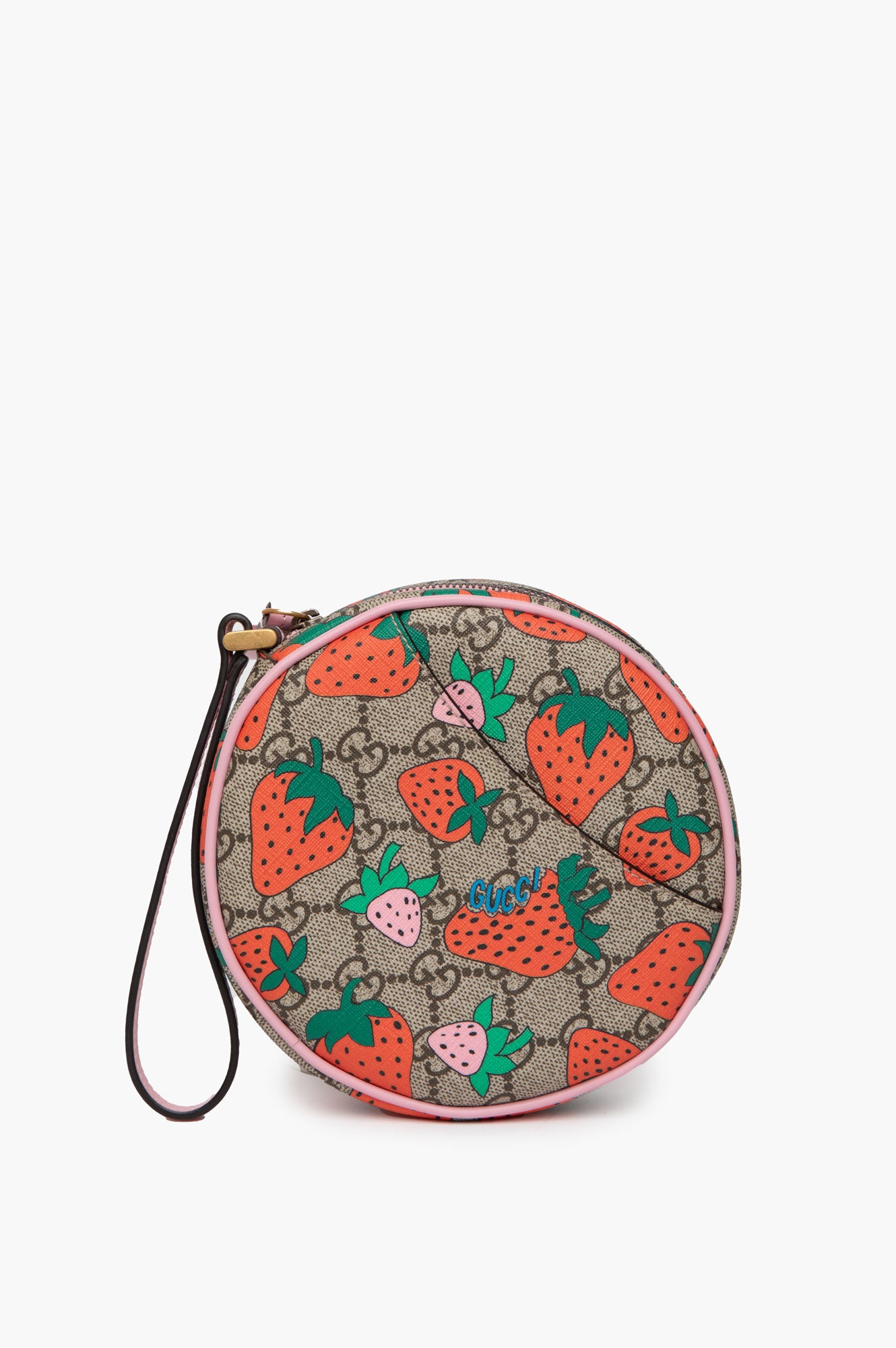 Gucci GG Supreme Strawberry Round Wristlet Bag