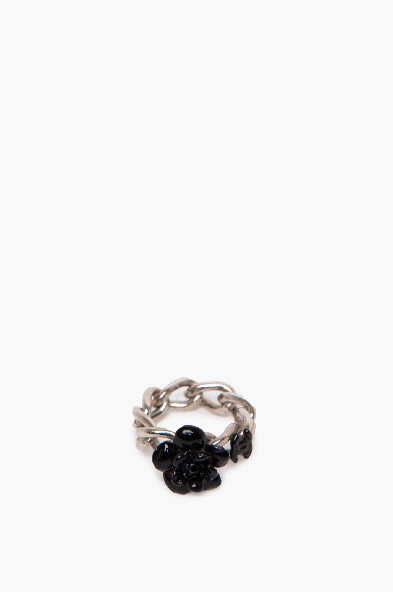 Chanel Camellia CC Logo Flower Silver Ring Size 6.5