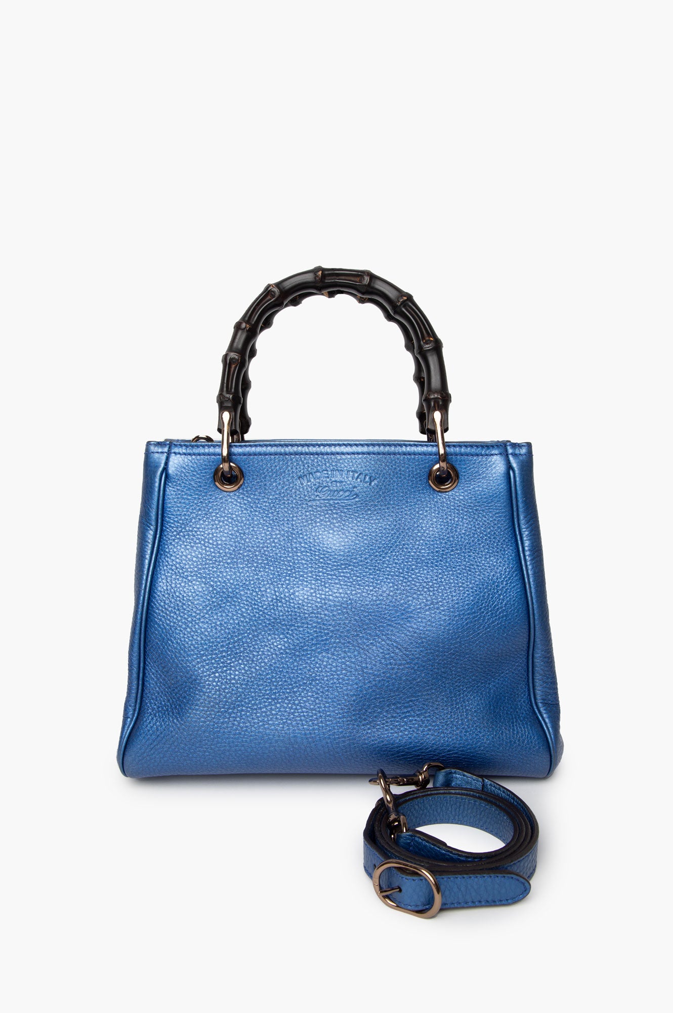 Gucci Metallic Blue Bag Medium Shopper Tote With Strap