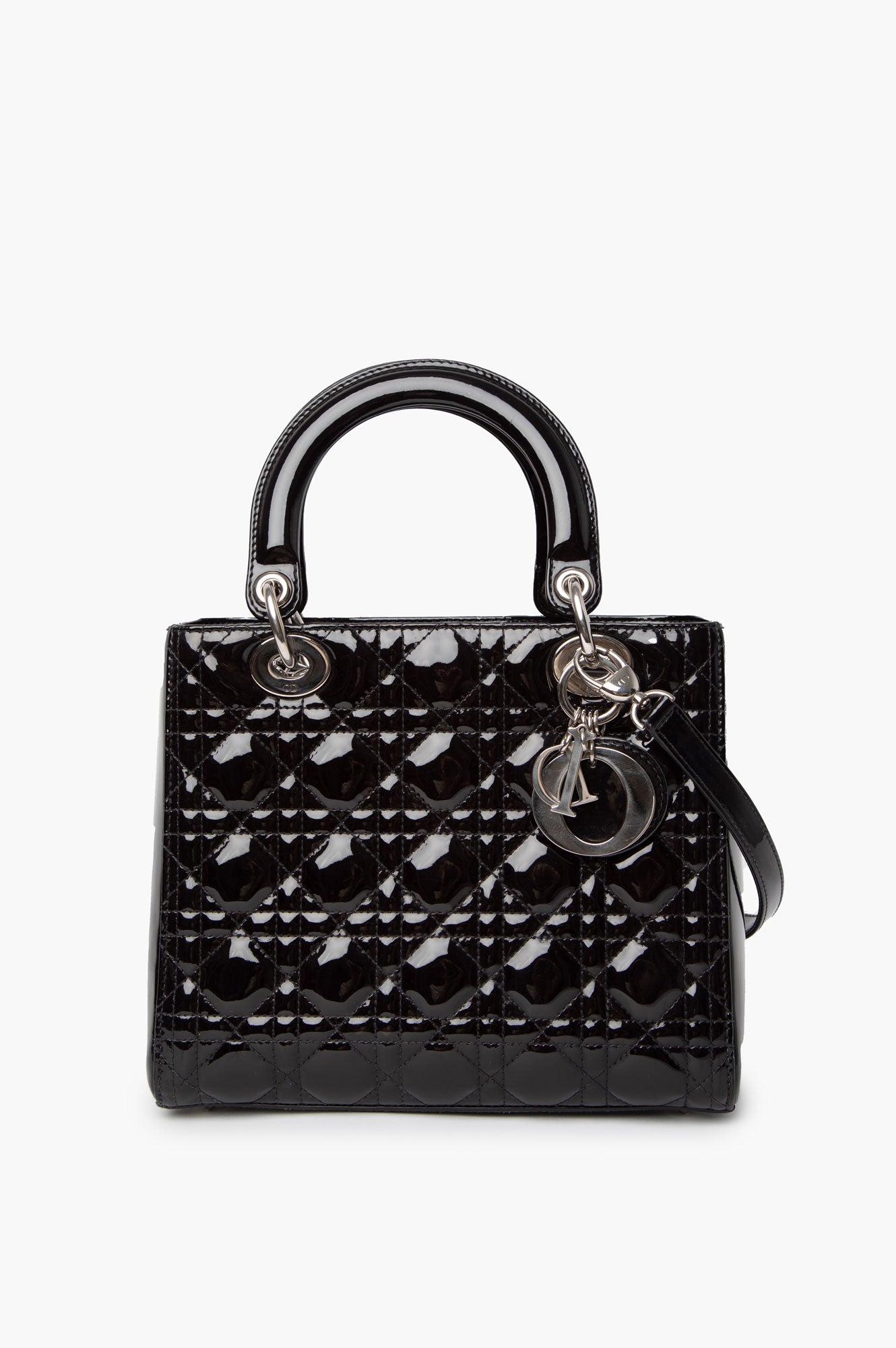Christian Dior Lady Dior Medium Patent Leather Silver Hardware Handbag