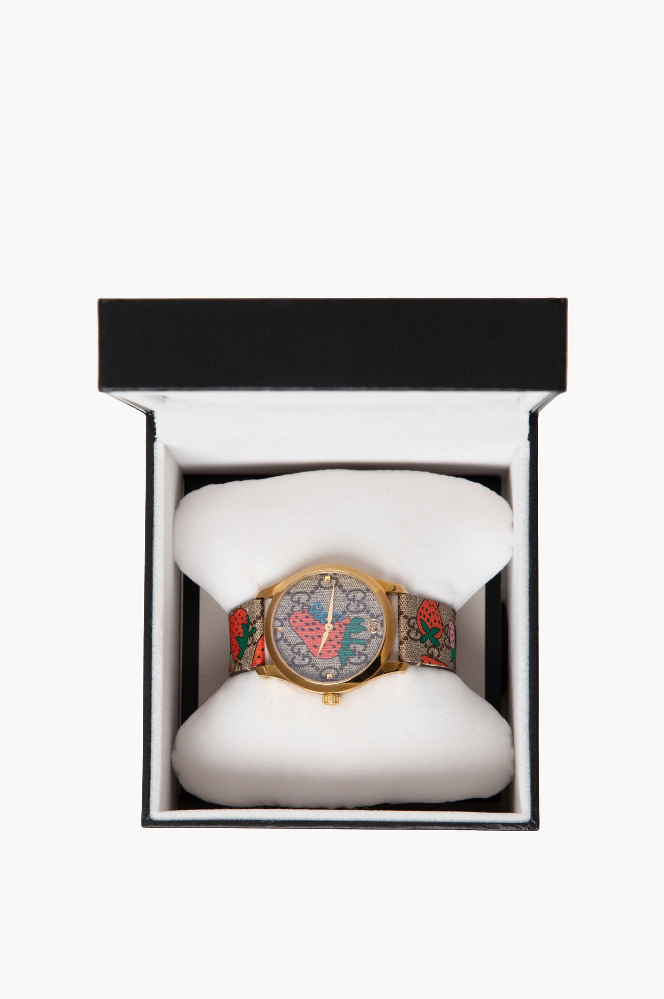 Gucci G-Timeless Strawberry Leather Strap Women's Watch