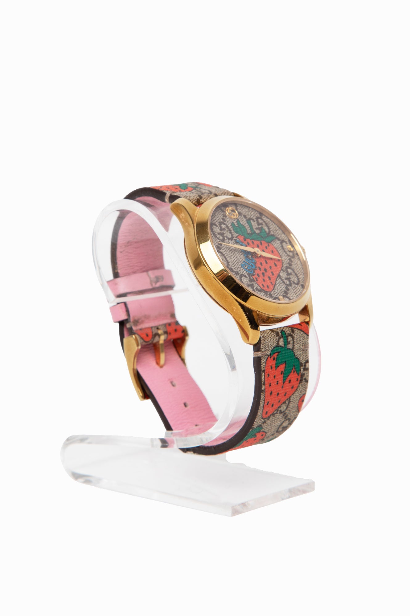 Gucci G-Timeless Strawberry Leather Strap Women's Watch